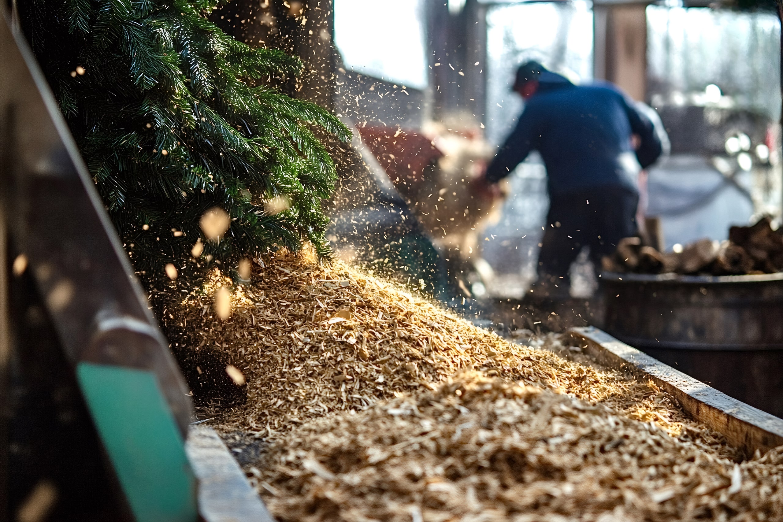 Holzhacker verarbeitet Weihnachtsbäume zu Hackschnitzeln, während ein Bauer arbeitet.