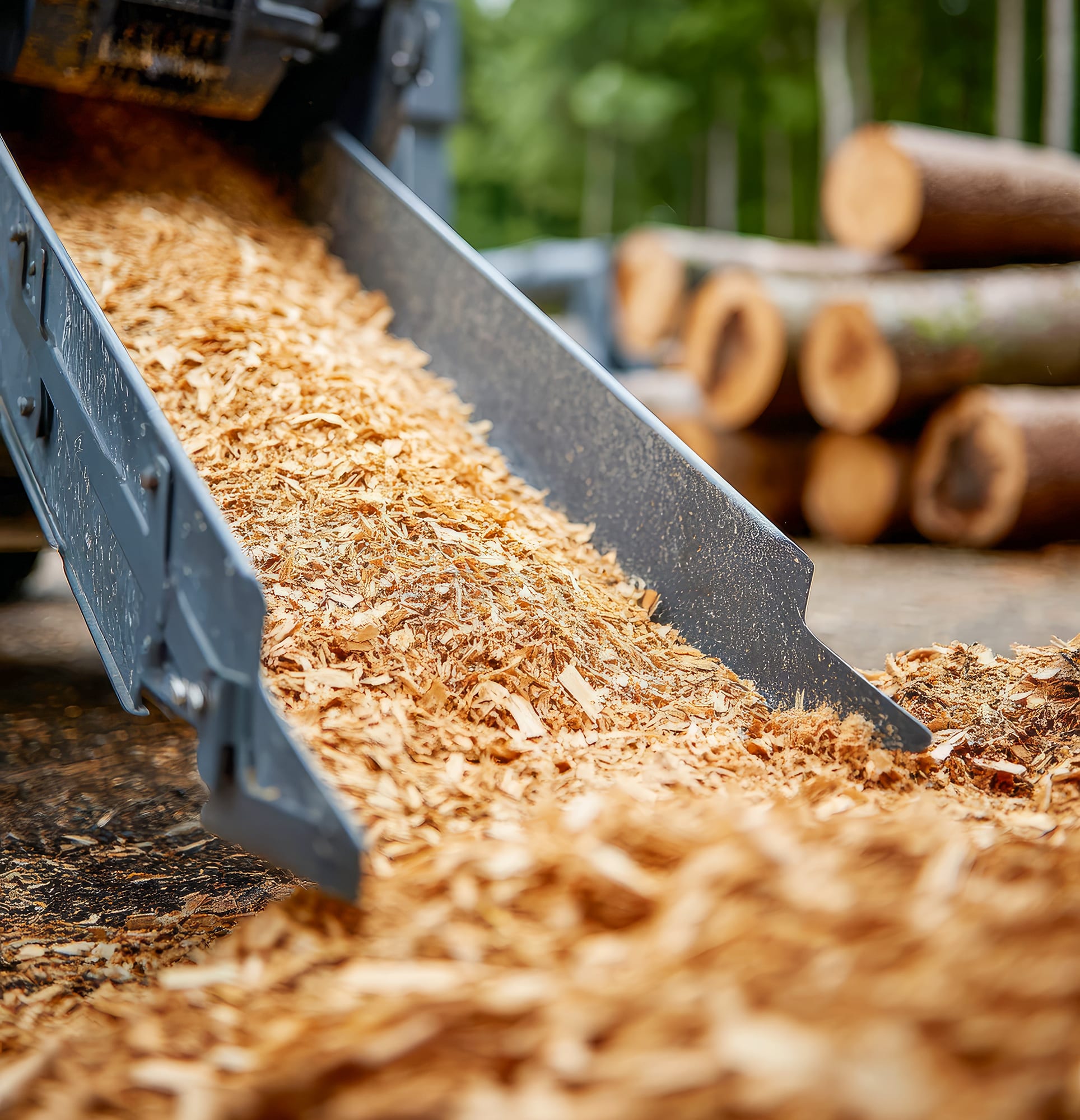 Holzhäcksler wirft Holzspäne bzw. Hackschnitzel für eine Hackgutheizung in einer Waldumgebung aus.