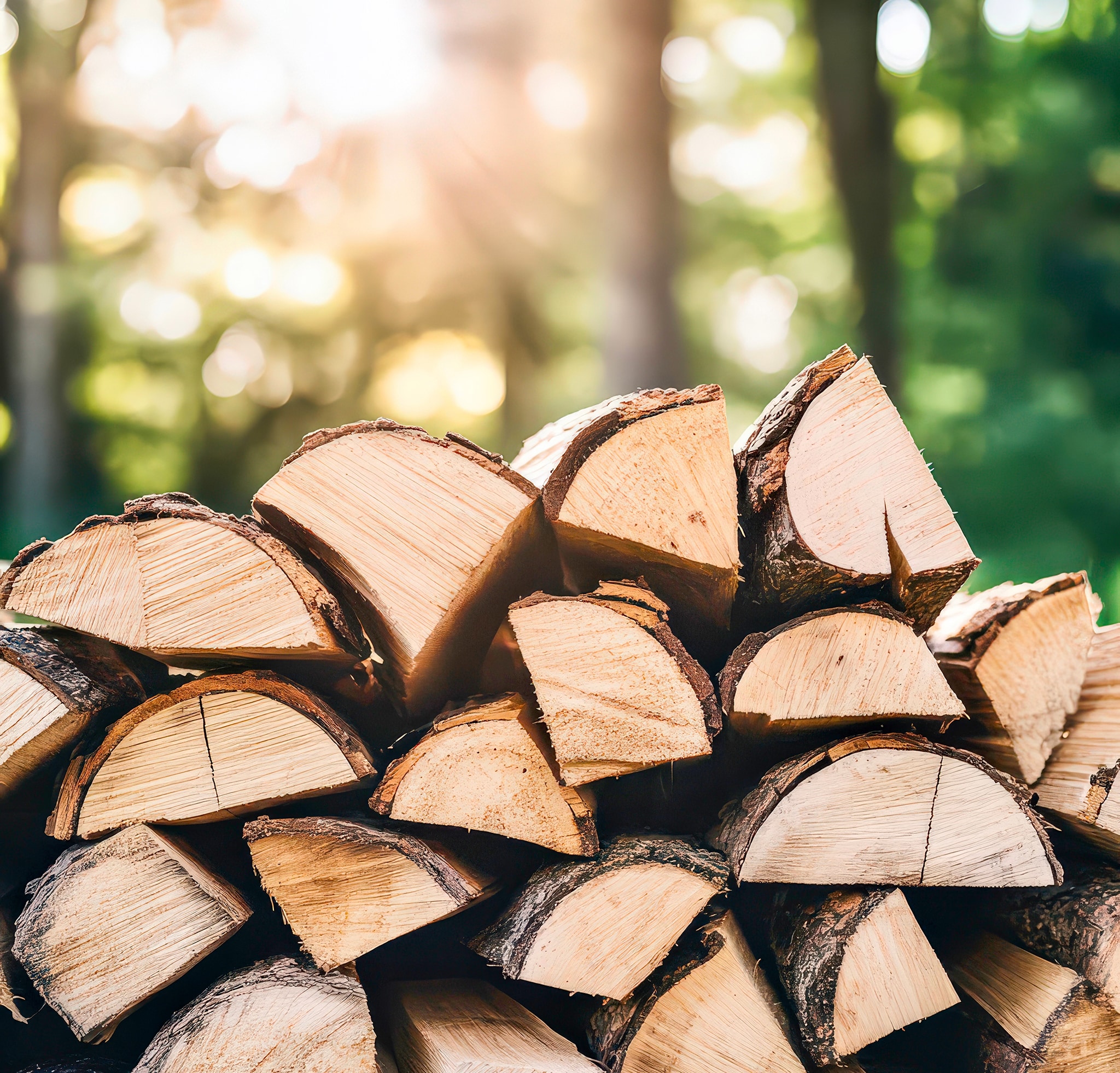 Gestapelte Brennholzscheite, rustikaler Waldlebensstil, ökologischer Hintergrund.