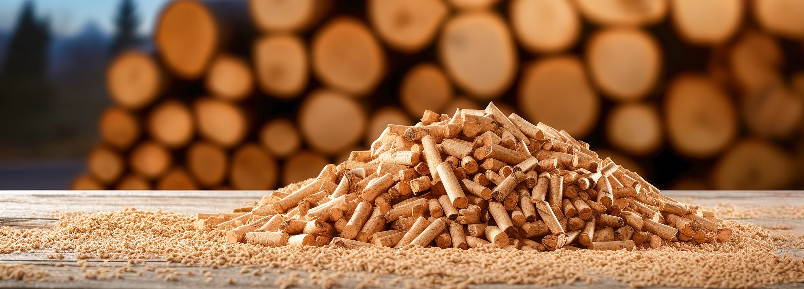 Detailfoto eines Stapels aus Biomasse-Holzpellets, im Hintergrund diffus ein Holzstoß aus Rundholz-Baumstämmen.