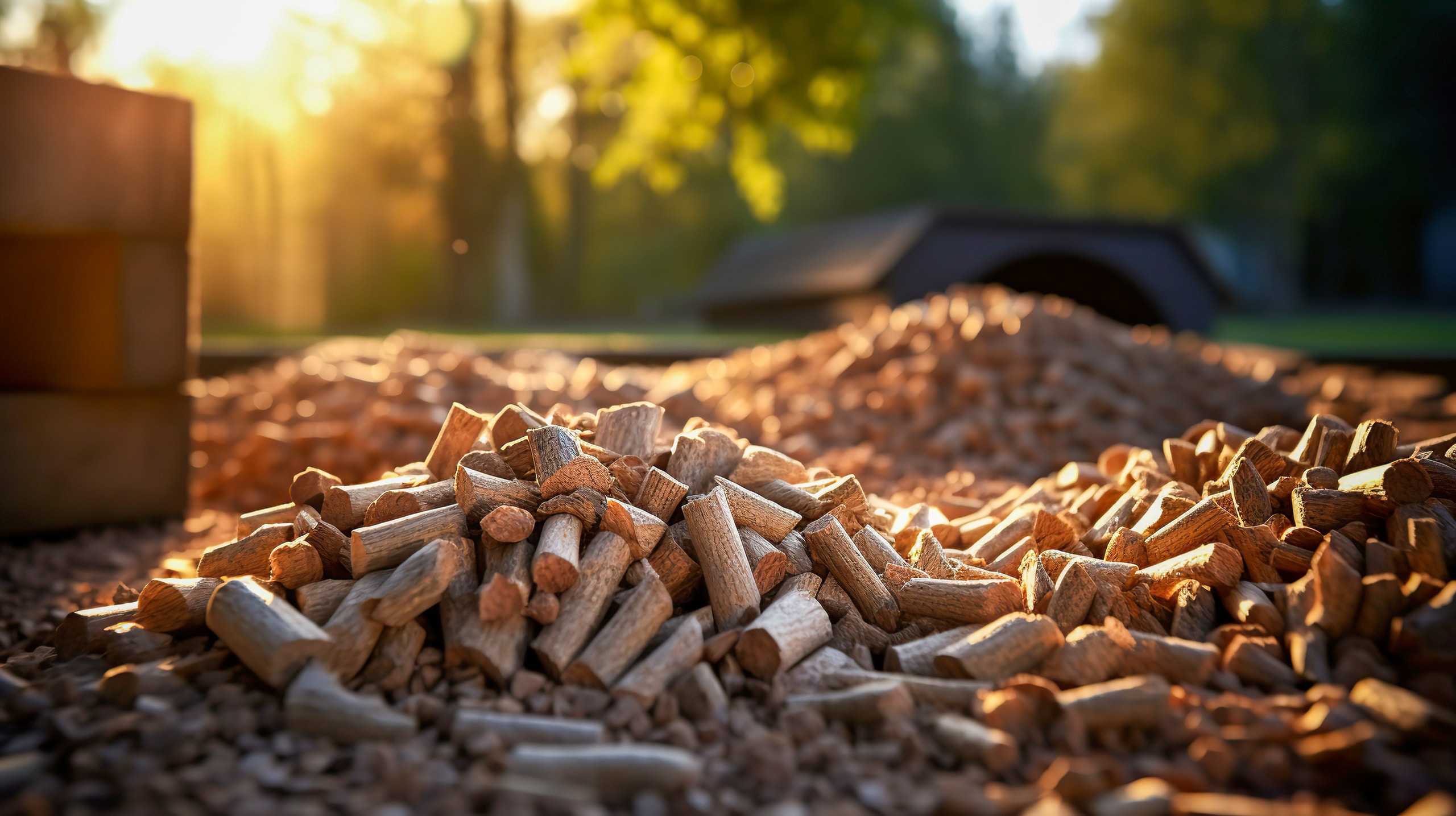 Bodenebene eines Haufens komprimierter Holzpellets, gestapelt auf dem Boden in der Nähe von gehacktem Brennholz verschiedener Arten mit grünen Blättern und Biomasse-Briketts im Sonnenlicht.