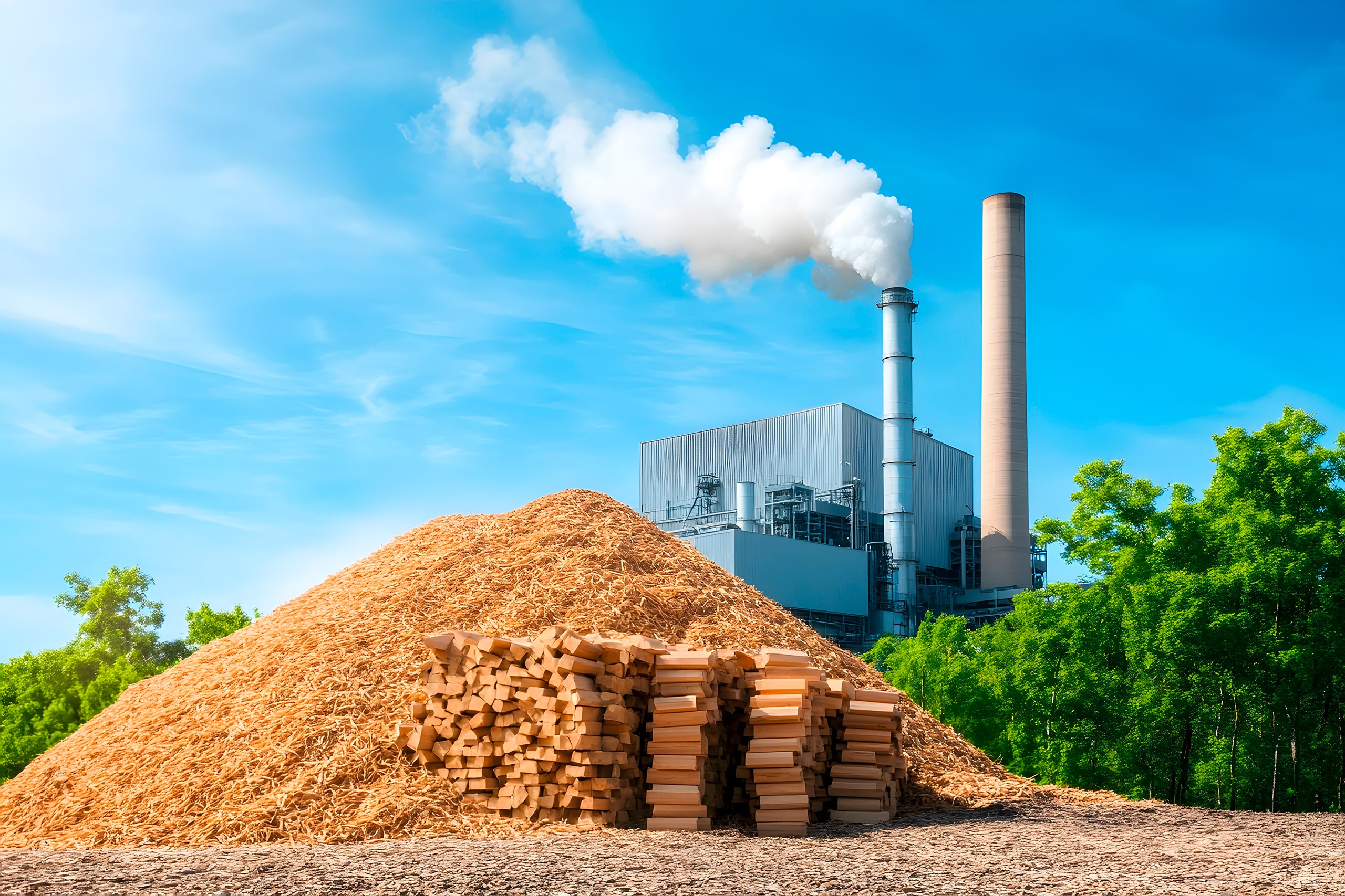 Aktives Biomassekraftwerk mit im Vordergrund aufgeschichteten organischen Holzspänen bzw. Hackschnitzel und Stückgut.