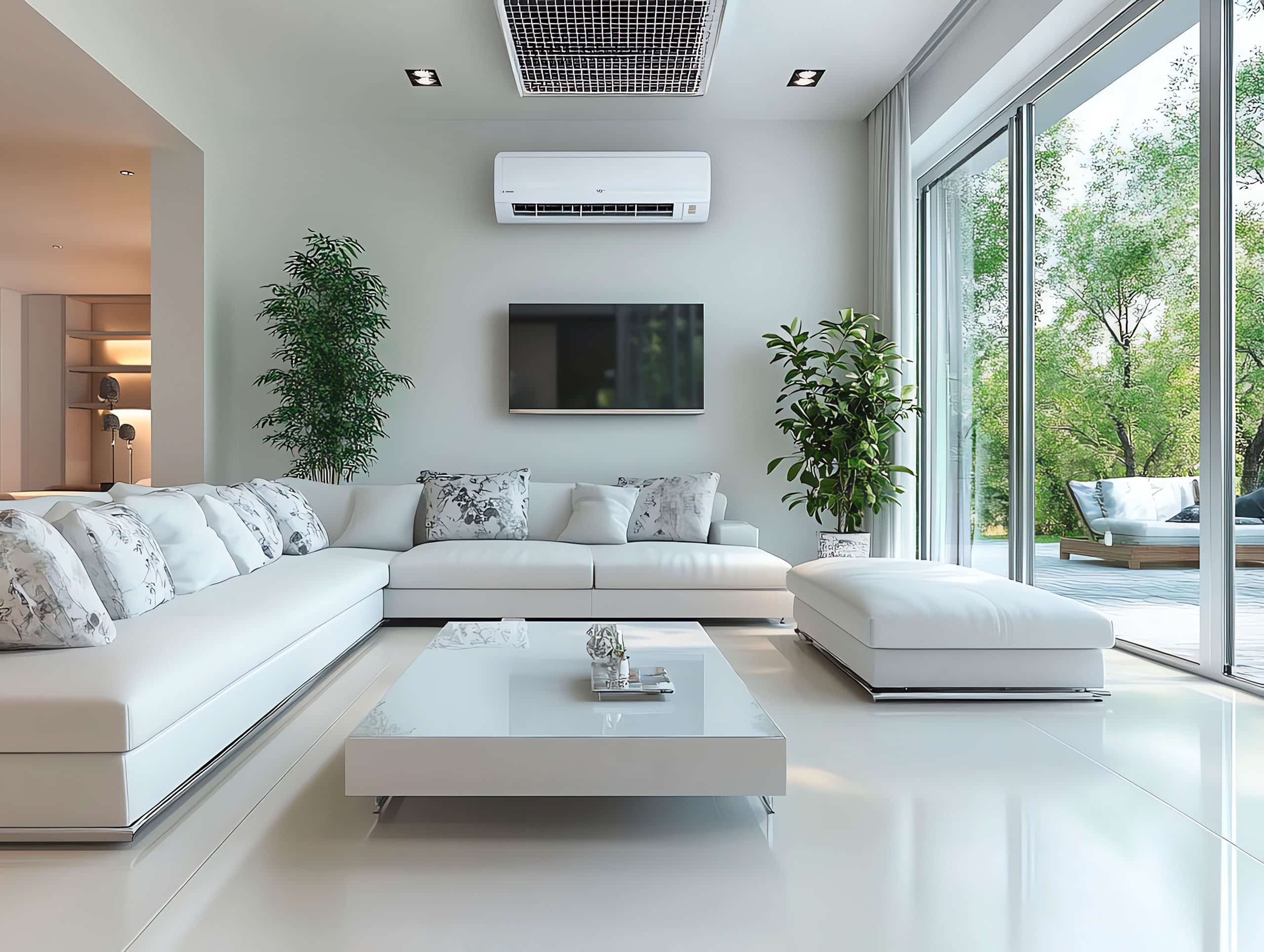 Modernes Wohnzimmer mit weißer Eckcouch, Couchtisch und weißem Boden. Über der Couch hängt ein Flachbildfernseher an der Wand, darüber eine Klimaanlage. Große Fenster bieten Blick auf eine Terrasse mit Liegestühlen.