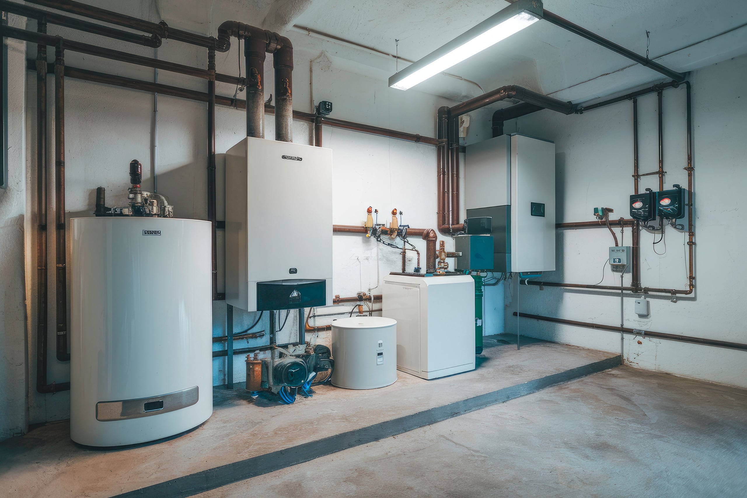 Modernes Heizsystem mit Kessel, Warmwasserbereiter und Rohren im Heizraum.