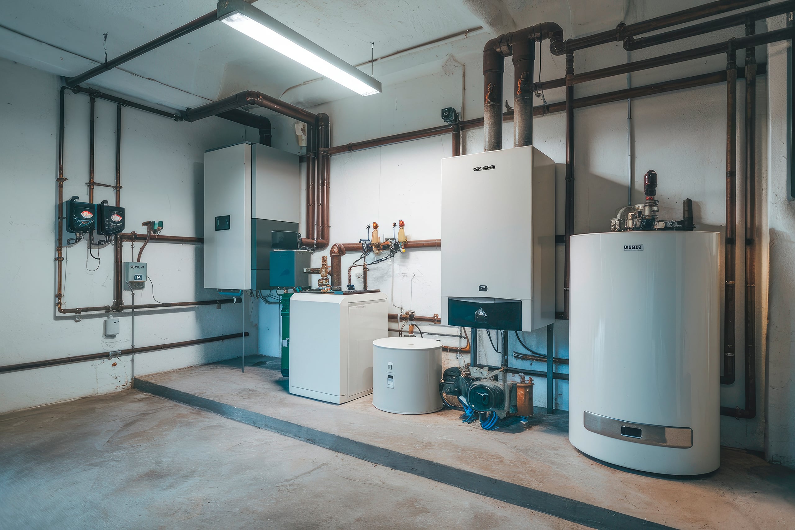 Modernes Heizsystem mit Kessel, Warmwasserbereiter und Rohren im Heizraum.