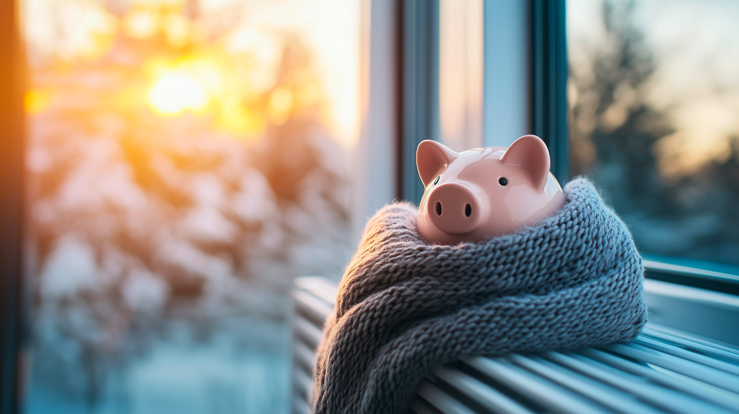 Ein in einen großen Strickschal gehülltes Sparschwein, das auf einem Heizkörper neben frostigen Fenstern steht, symbolisiert die Wärme der Ersparnisse gegen die Heizkosten im Winter.