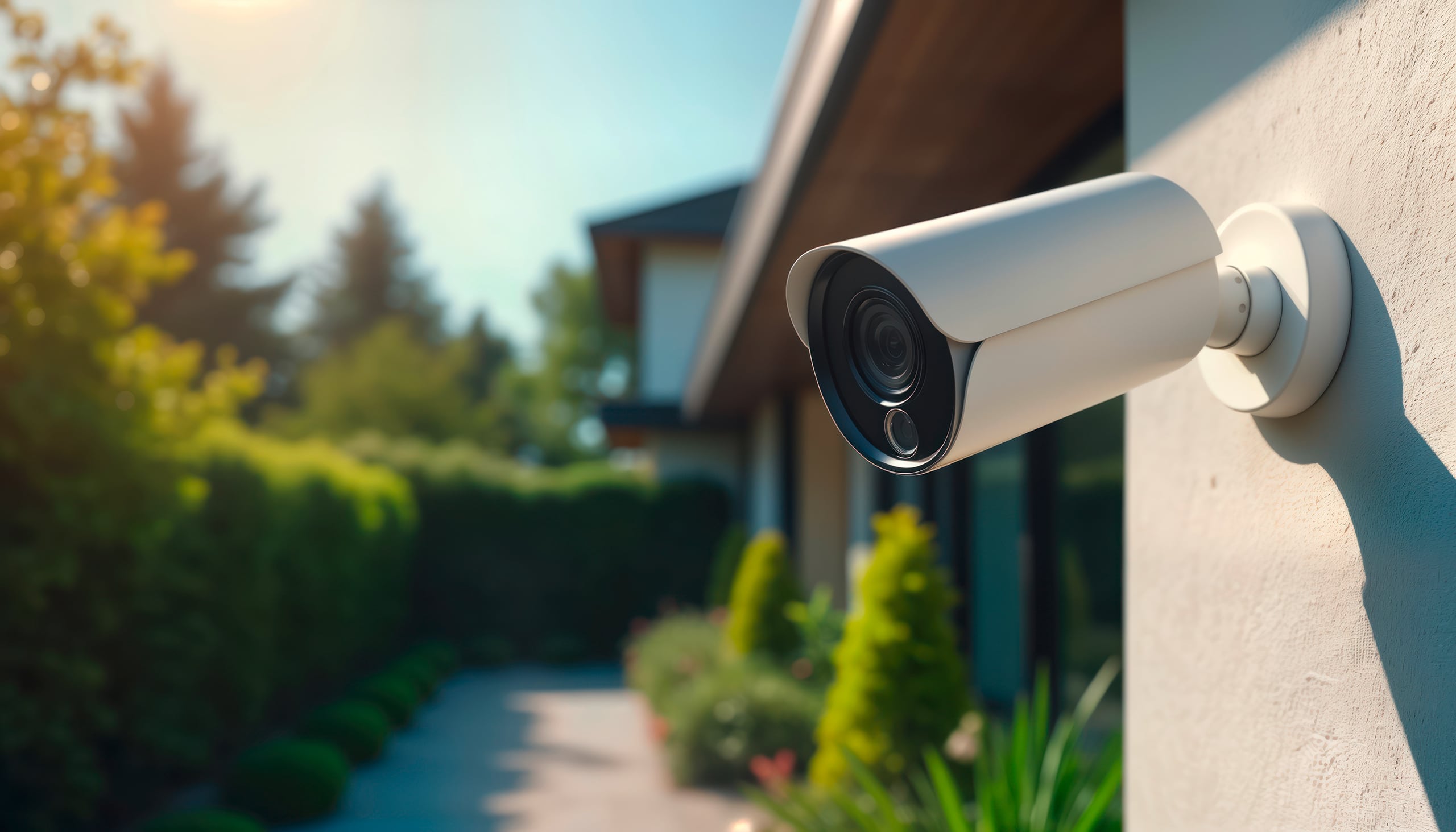 Moderne Überwachungskamera an der Hauswand. Technisches Sicherheitssystem schützt das Hauseigentum. Kamera überwacht den Hausgarten. Wohneigentum. Sicherheitsmaßnahmen im Außenbereich.