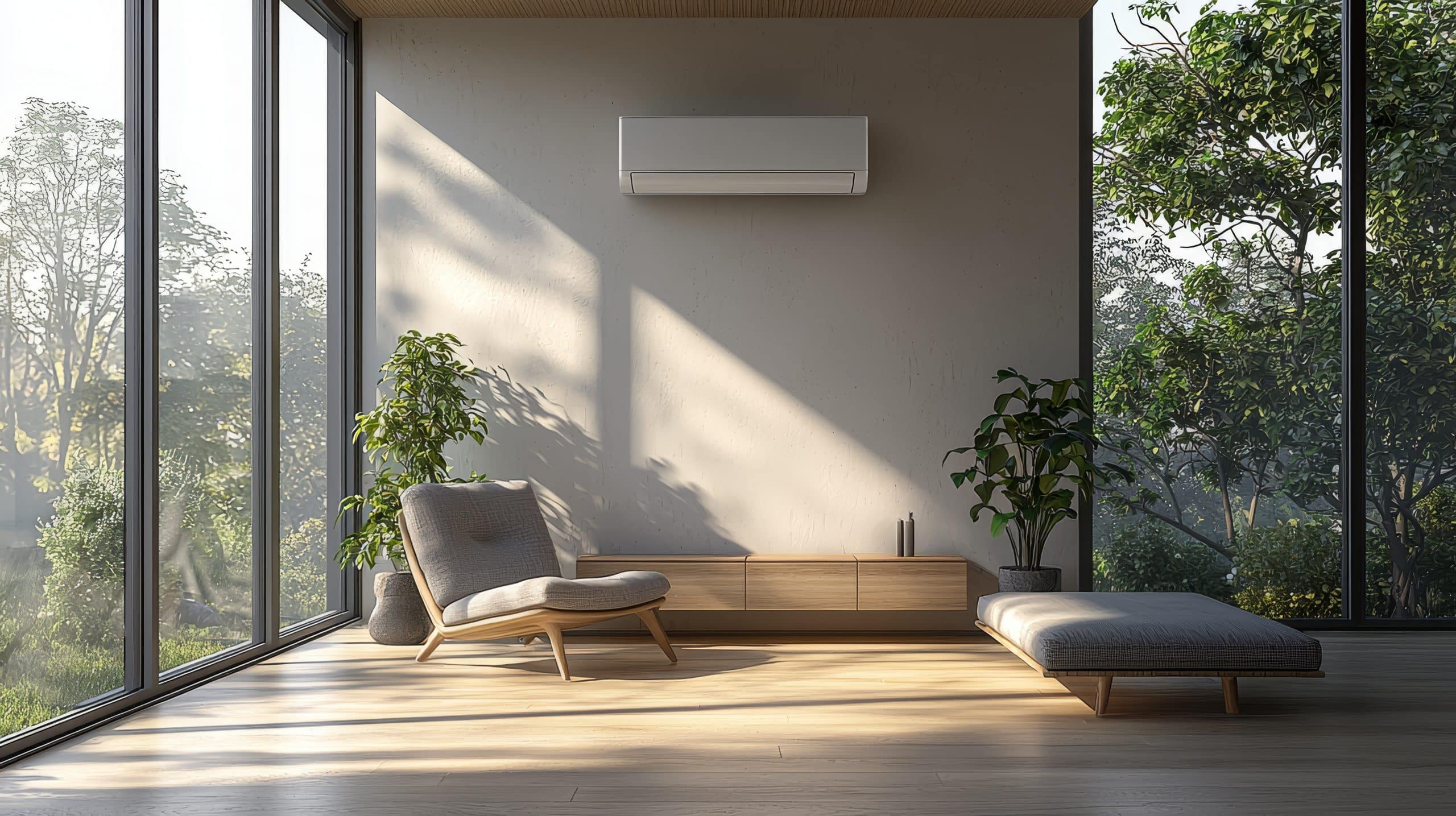 An der Wand installiertes Klimagerät in einem modernen Wohnraum mit schlicht-eleganten Möbeln aus Holz und Stoffbespannung aus Naturtextil.