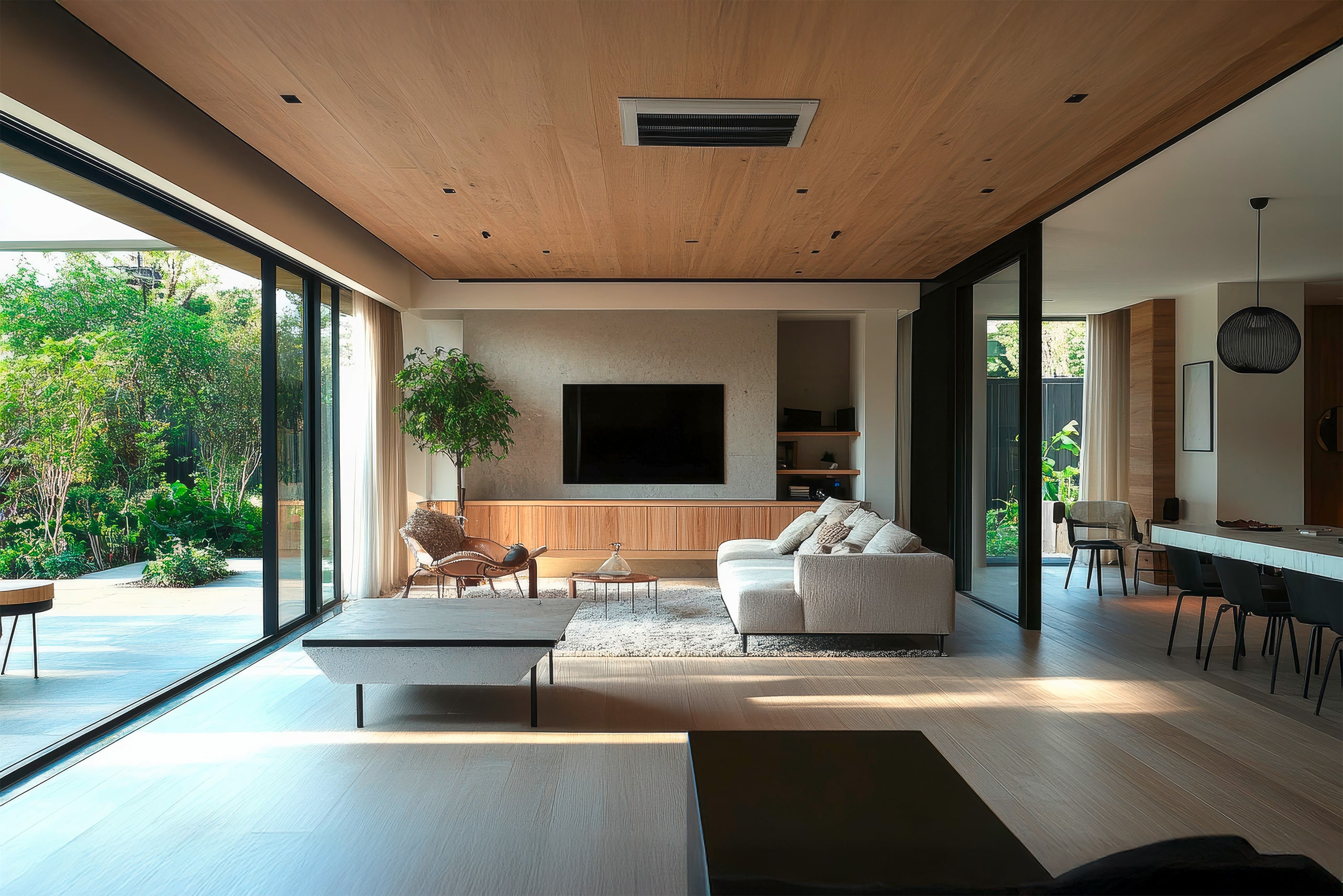 Moderner, lichtdurchfluteter Wohnraum mit einer an der Decke installierten kontrollierten Wohnraumlüftung bzw. Wärmerückgewinnungsanlage.