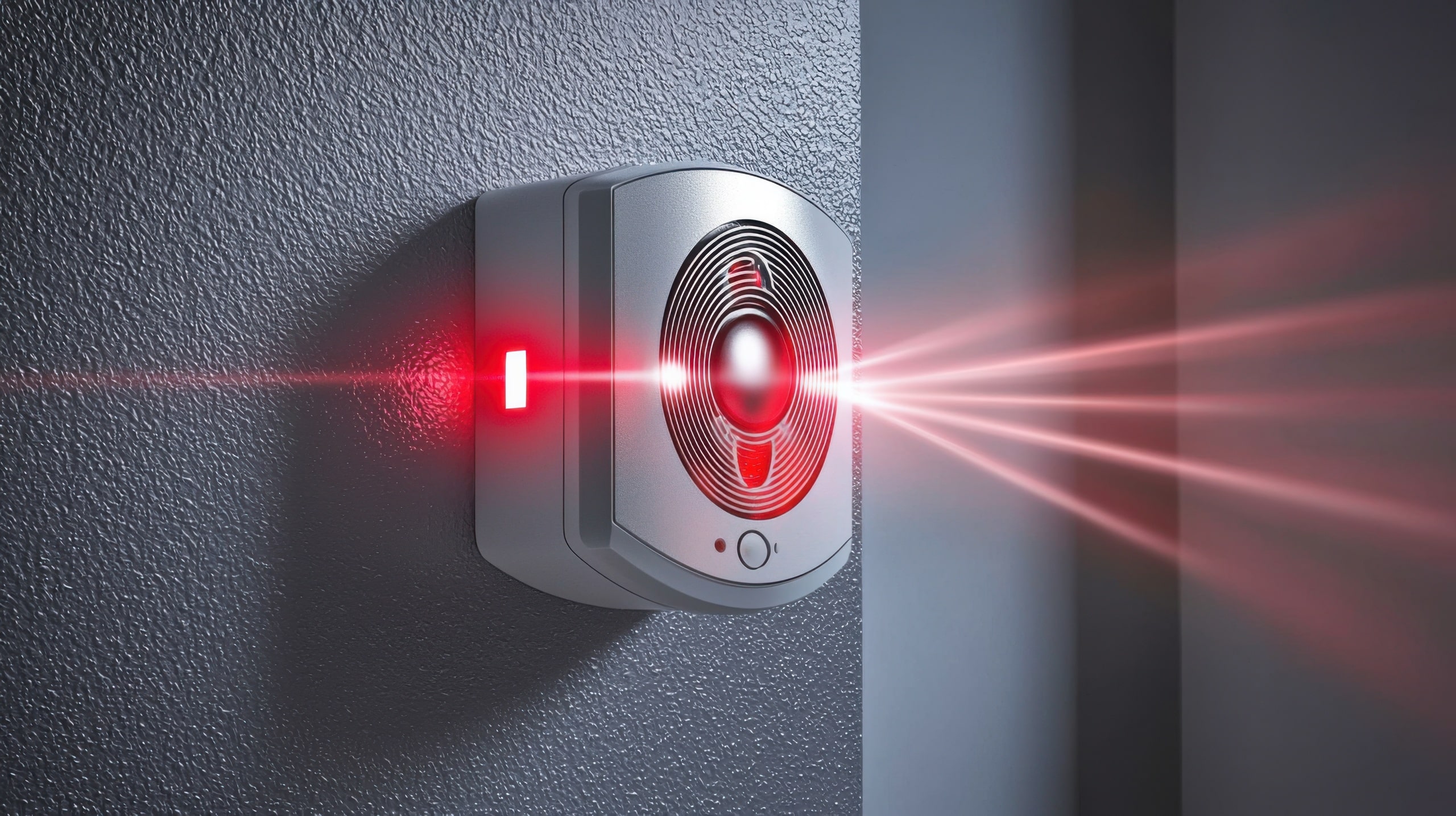 Sensor einer Alarmanlage mit Infrarotstrahlen, der an einer Hauswand montiert ist.