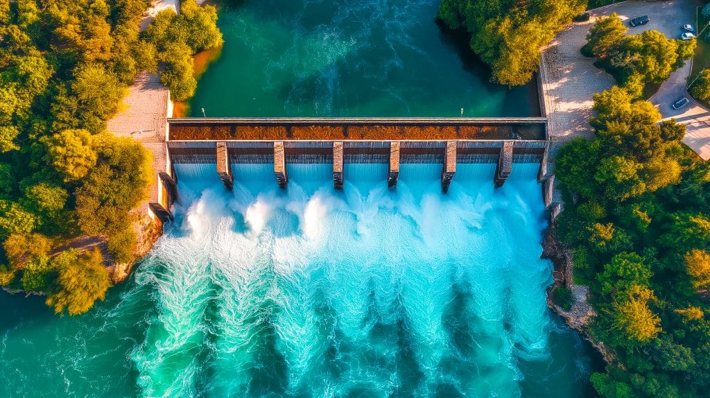 Großer Staudamm mit starker Wasserströmung, umgeben von üppiger grüner Landschaft, der für erneuerbare Energie, nachhaltige Ressourcen und Umweltschutz steht.