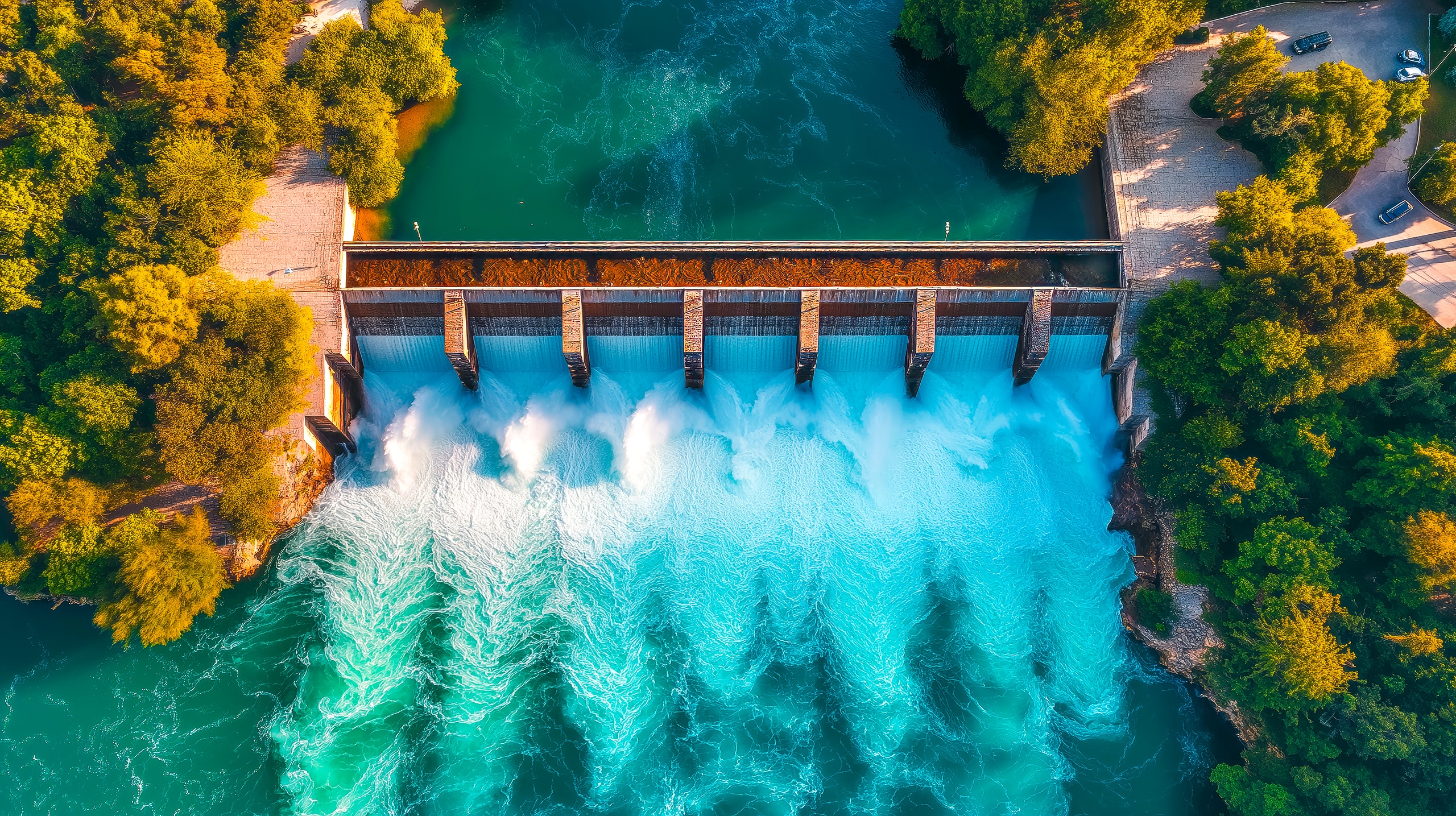 Großer Staudamm mit starker Wasserströmung, umgeben von üppiger grüner Landschaft, der für erneuerbare Energie, nachhaltige Ressourcen und Umweltschutz steht.