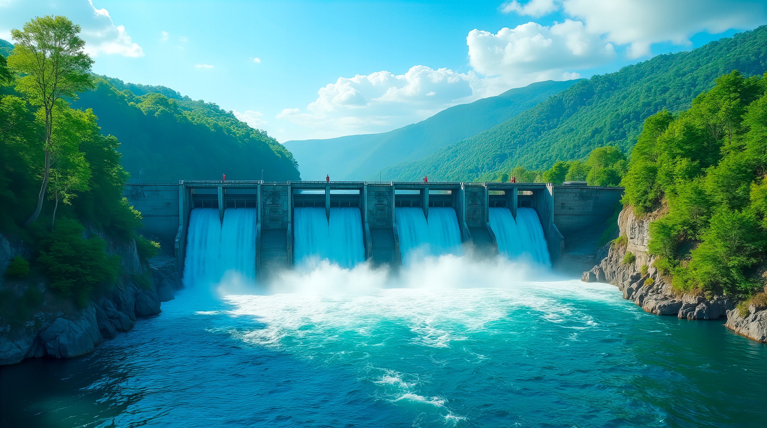 Leistungsstarker Staudamm, der Wasser in ein üppiges grünes Tal abgibt und so erneuerbare Energie in einer nachhaltigen Umgebung erzeugt