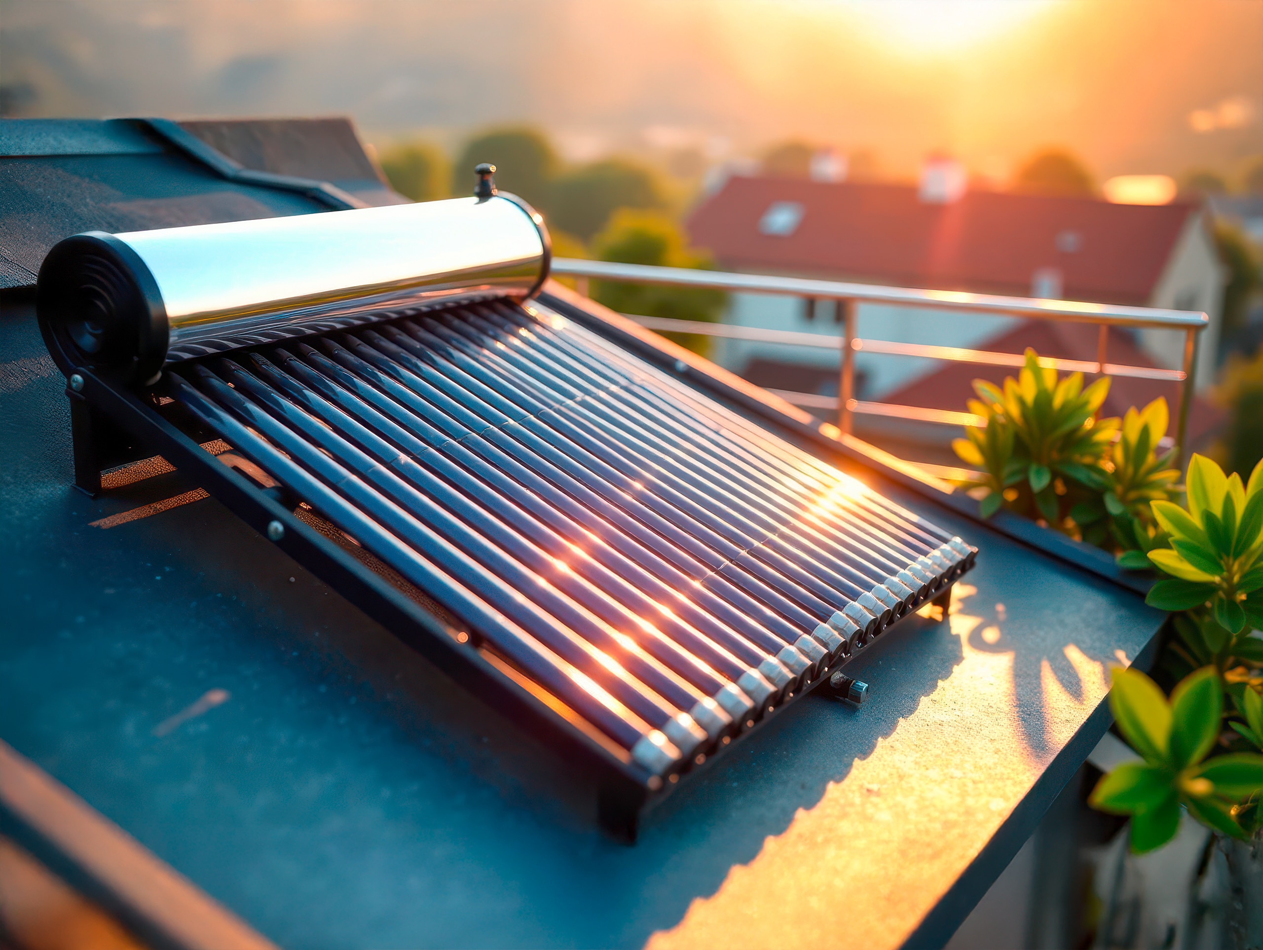 Die auf dem Dach befindliche Solarthermieanlage gewinnt in der Abenddämmerung die noch verfügbare Wärme der Sonne und gewinnt erneuerbare Energie für die Warmwasserbereitung.