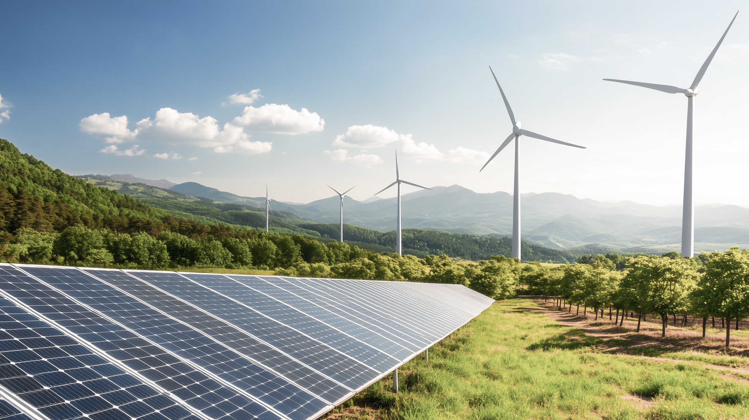 Solarmodule und Windturbinen in einer unverbauten Landschaft als erneuerbare Energiequellen.