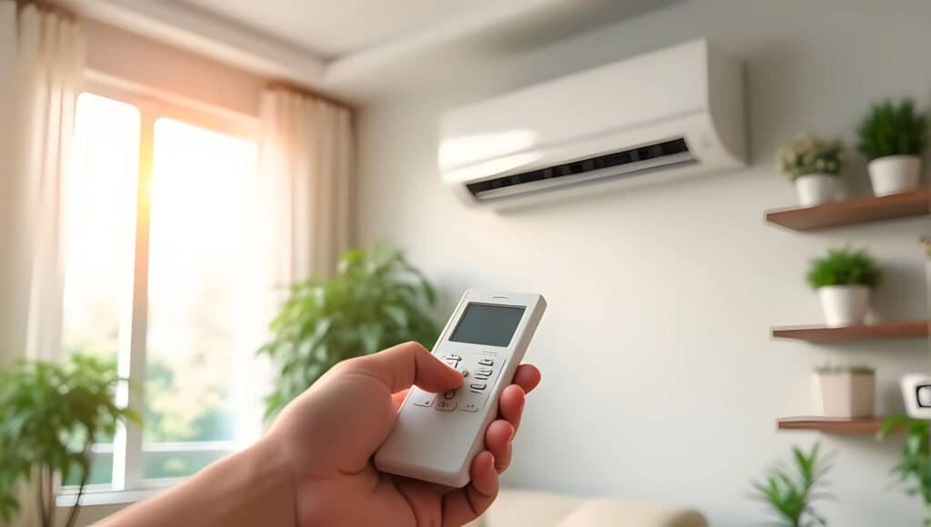 Porträt einer Hand, die eine Fernbedienung zur Einstellung der Temperatur am Splitgerät einer Klimaanlage hält. Im Hintergrund ein modernes Wohnzimmer.