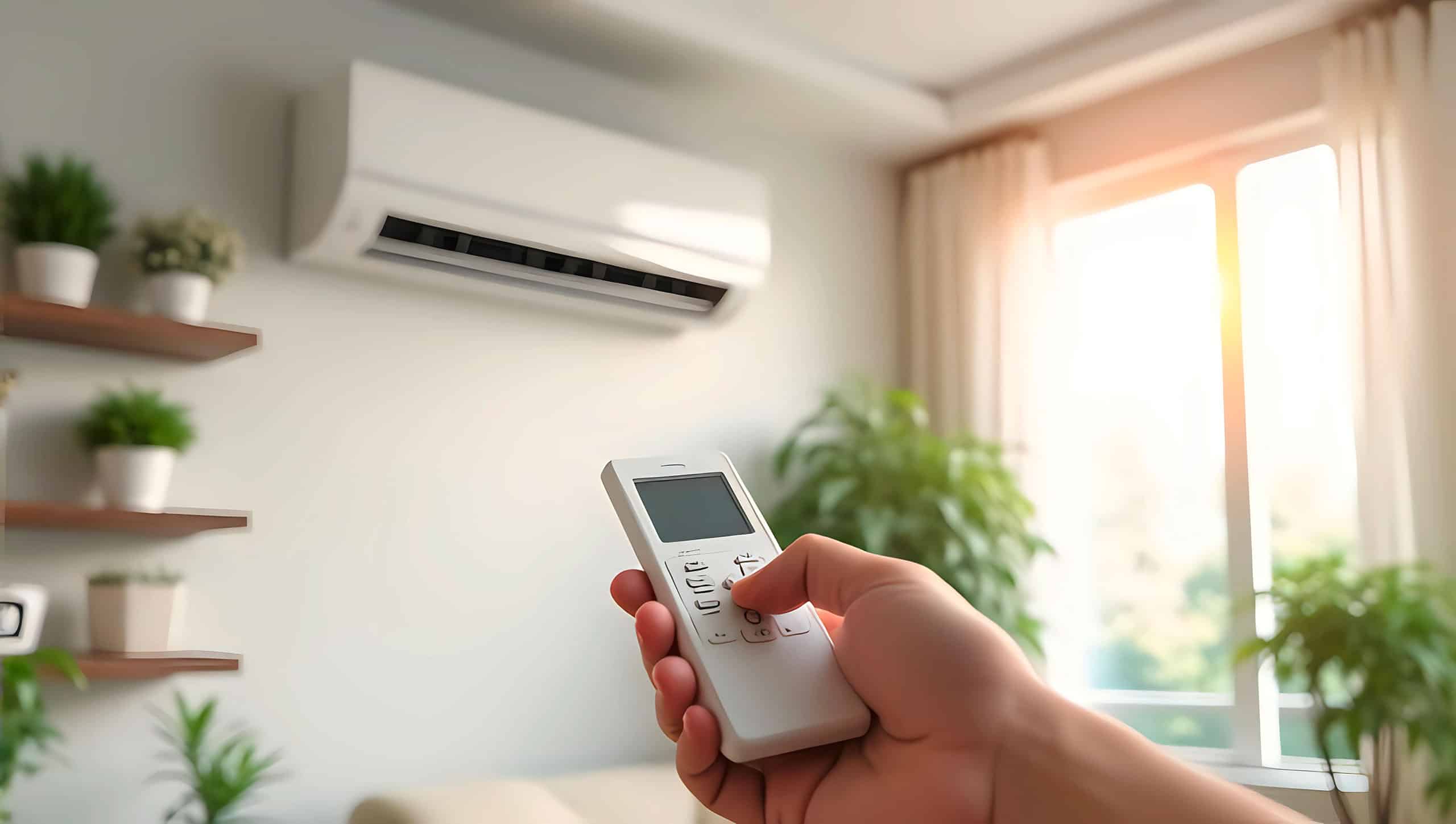 Porträt einer Hand, die eine Fernbedienung zur Einstellung der Temperatur am Splitgerät einer Klimaanlage hält. Im Hintergrund ein modernes Wohnzimmer.