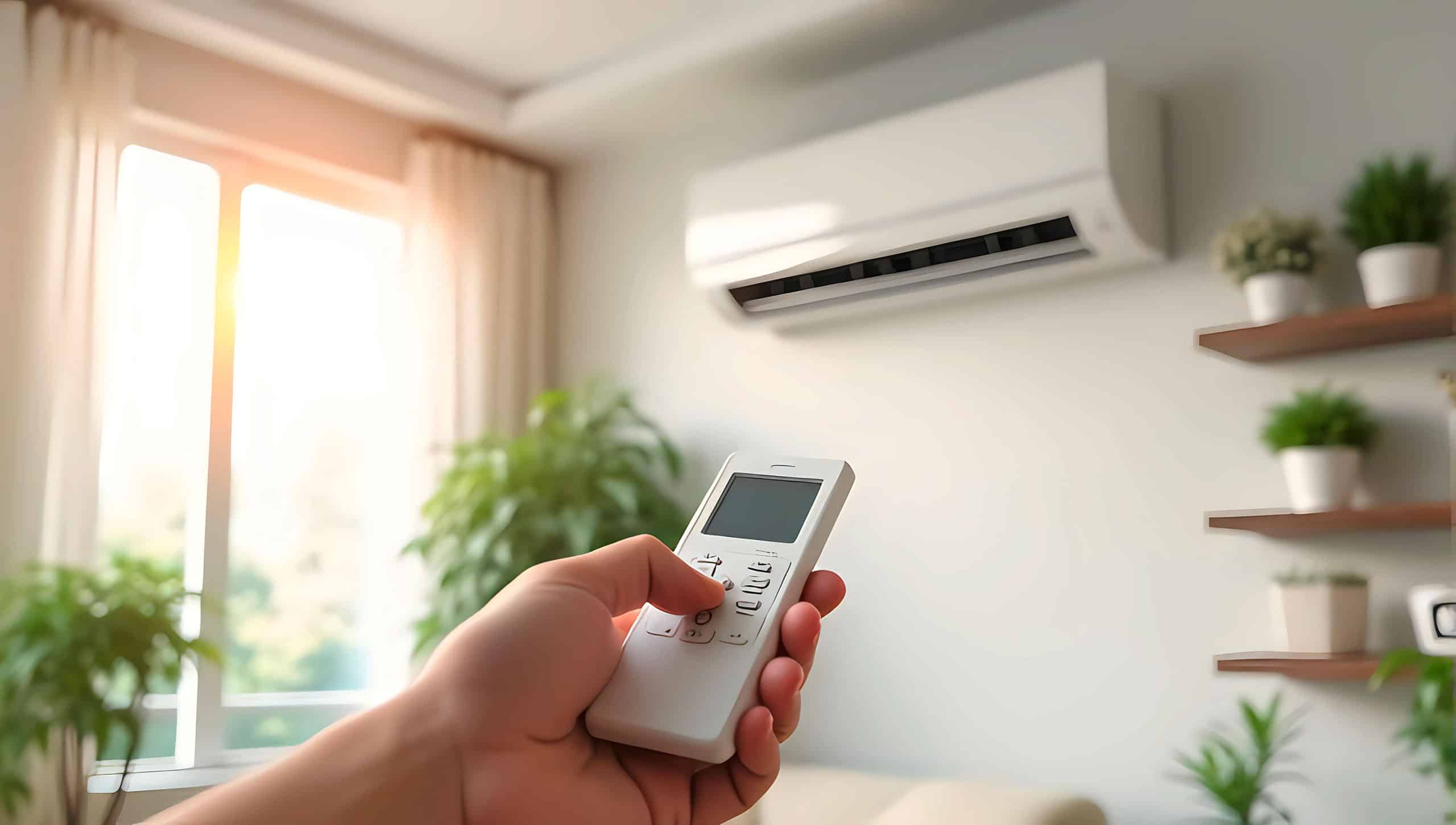 Porträt einer Hand, die eine Fernbedienung zur Einstellung der Temperatur am Splitgerät einer Klimaanlage hält. Im Hintergrund ein modernes Wohnzimmer.