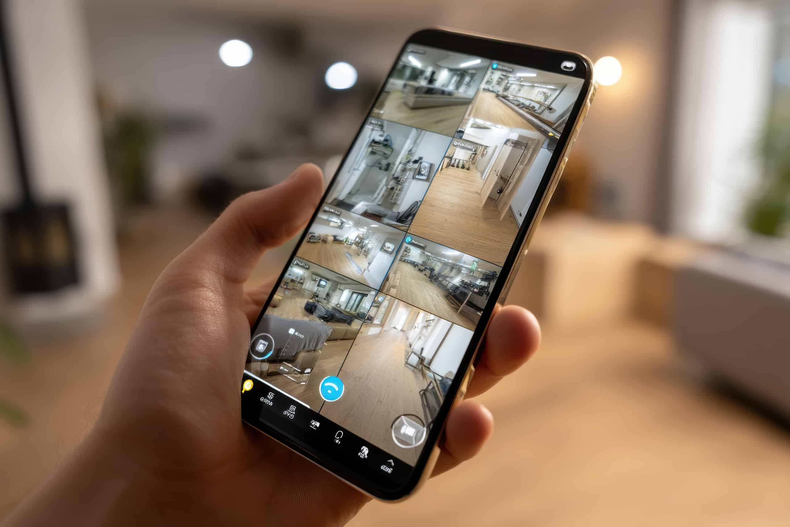 Mann hält Smartphone in der Hand, das am Display die Bilder der Überwachungskamera in seiner Wohnung zeigt.