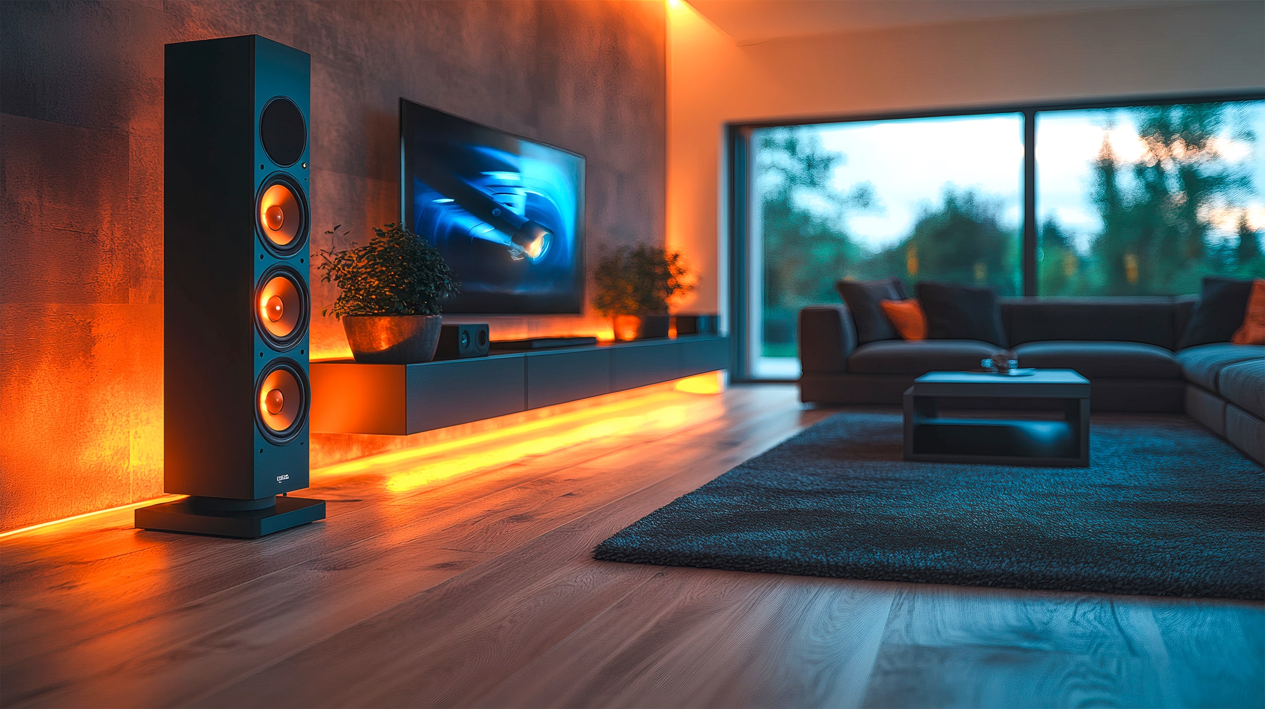 Stilvolles Lautsprechersystem steht elegant in einem modernen Wohnzimmer mit gedämpfter Beleuchtung, schafft eine ruhige Atmosphäre in einem luxuriösen Interieur.