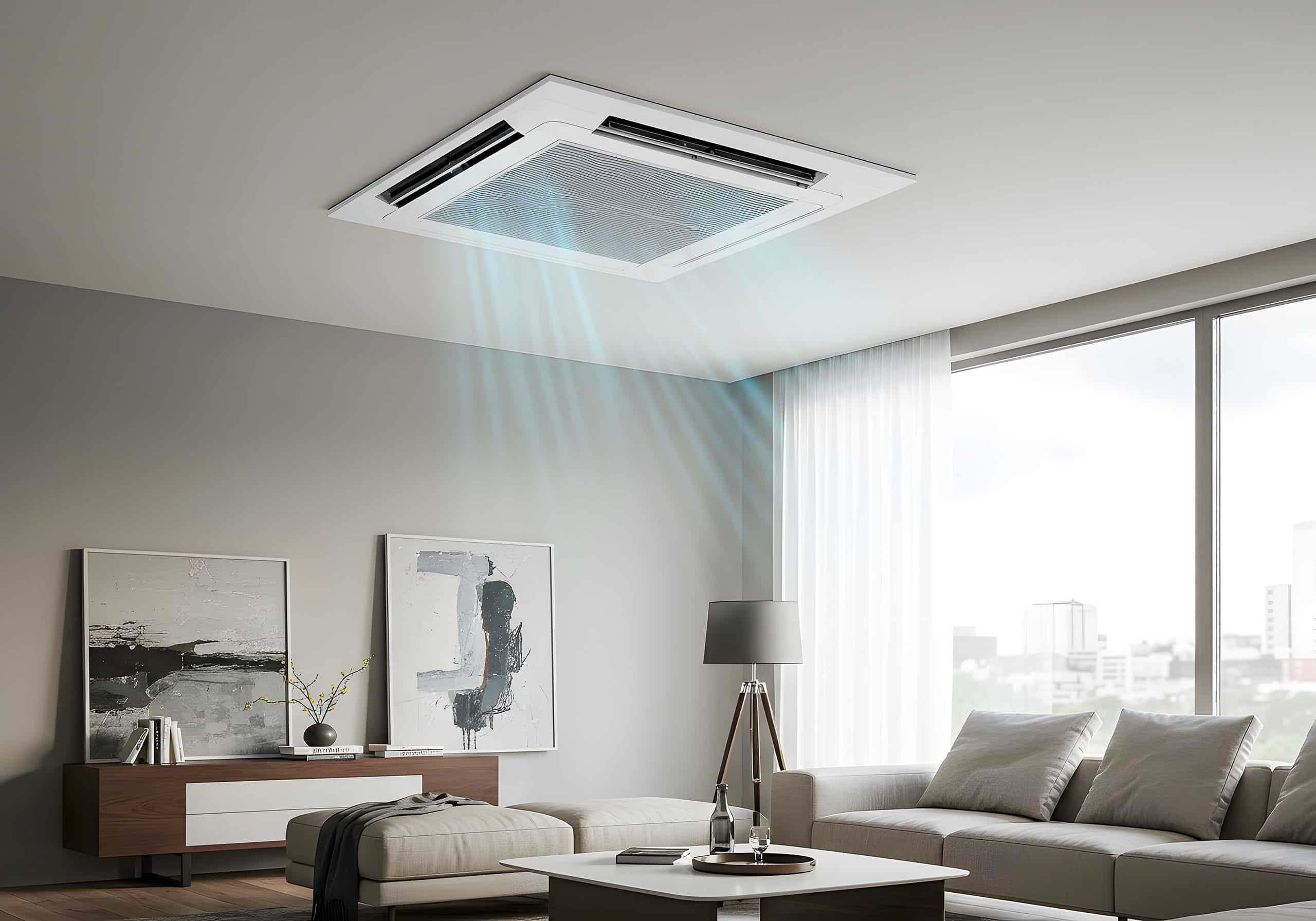 Moderne, an der Decke montierte Kassetten-Klimaanlage zur zur zentralem Klimatisierung und Verteilung kühler Luft im Raum.