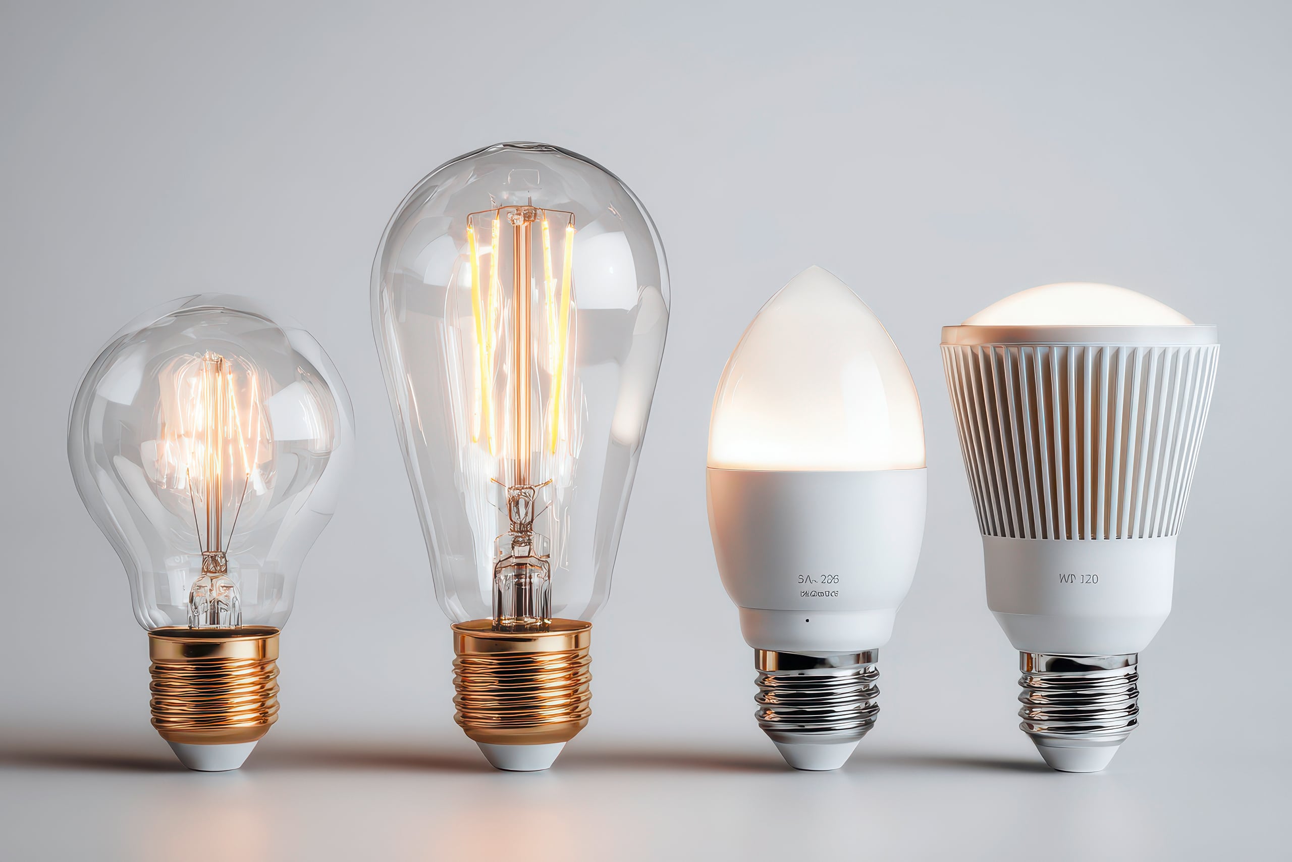Vier leuchtende LED- und Glühlampen unterschiedlicher Größe und Form, in einer Reihe vor einem neutralen Hintergrund angeordnet.