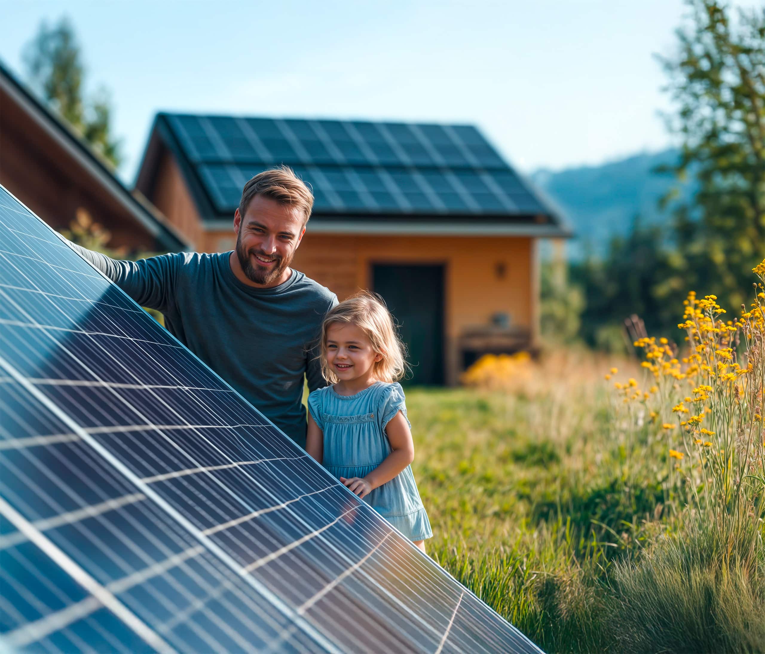 Vater mit kleiner Tochter betrachten ein Solarpanel im Freien, dahinter verschwommen das nachhaltige Wohnhaus aus Holz - ebenfalls mit Solar- bzw. einer Photovoltaikanlage am Dach.