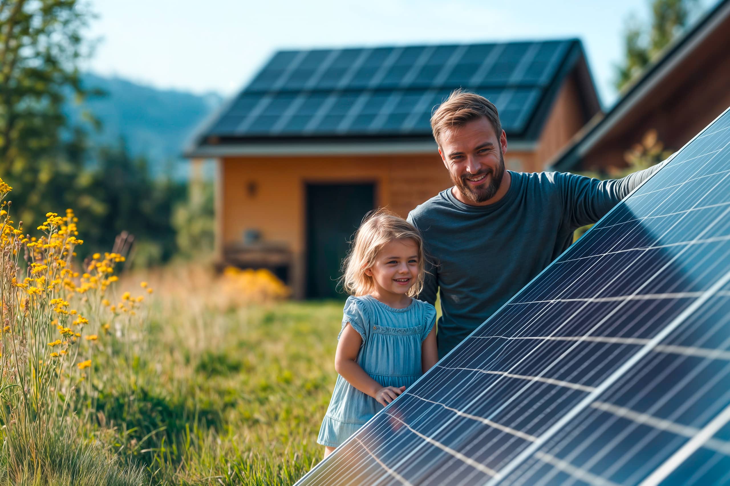 Vater mit kleiner Tochter betrachten ein Solarpanel im Freien, dahinter verschwommen das nachhaltige Wohnhaus aus Holz - ebenfalls mit Solar- bzw. einer Photovoltaikanlage am Dach.
