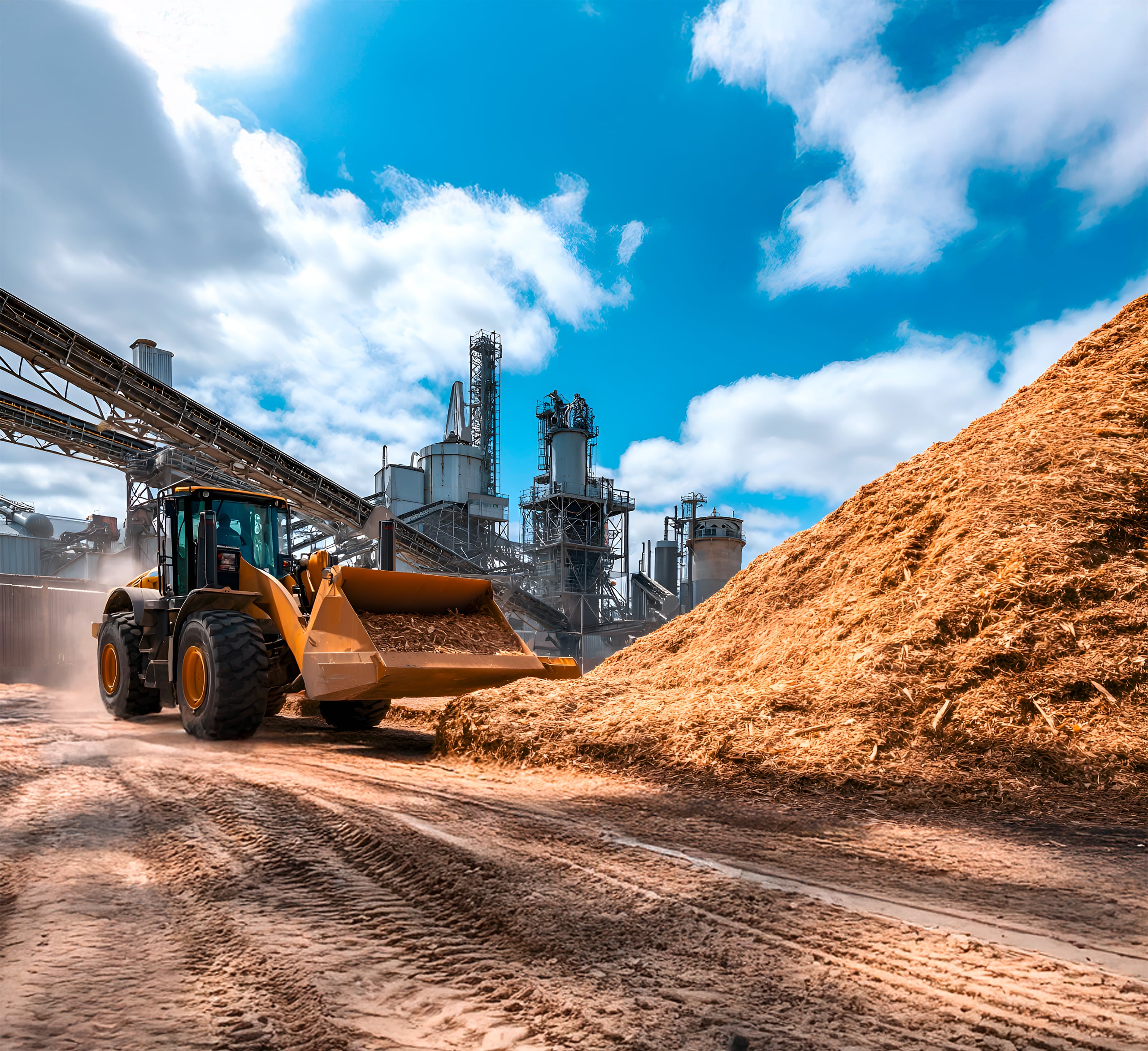 Radlader transportiert Holzspäne und Hackschnitzel in einem Biomassekraftwerk zur Versorgung des Fernwärmenetzwerks für Gemeinde und Stadt.