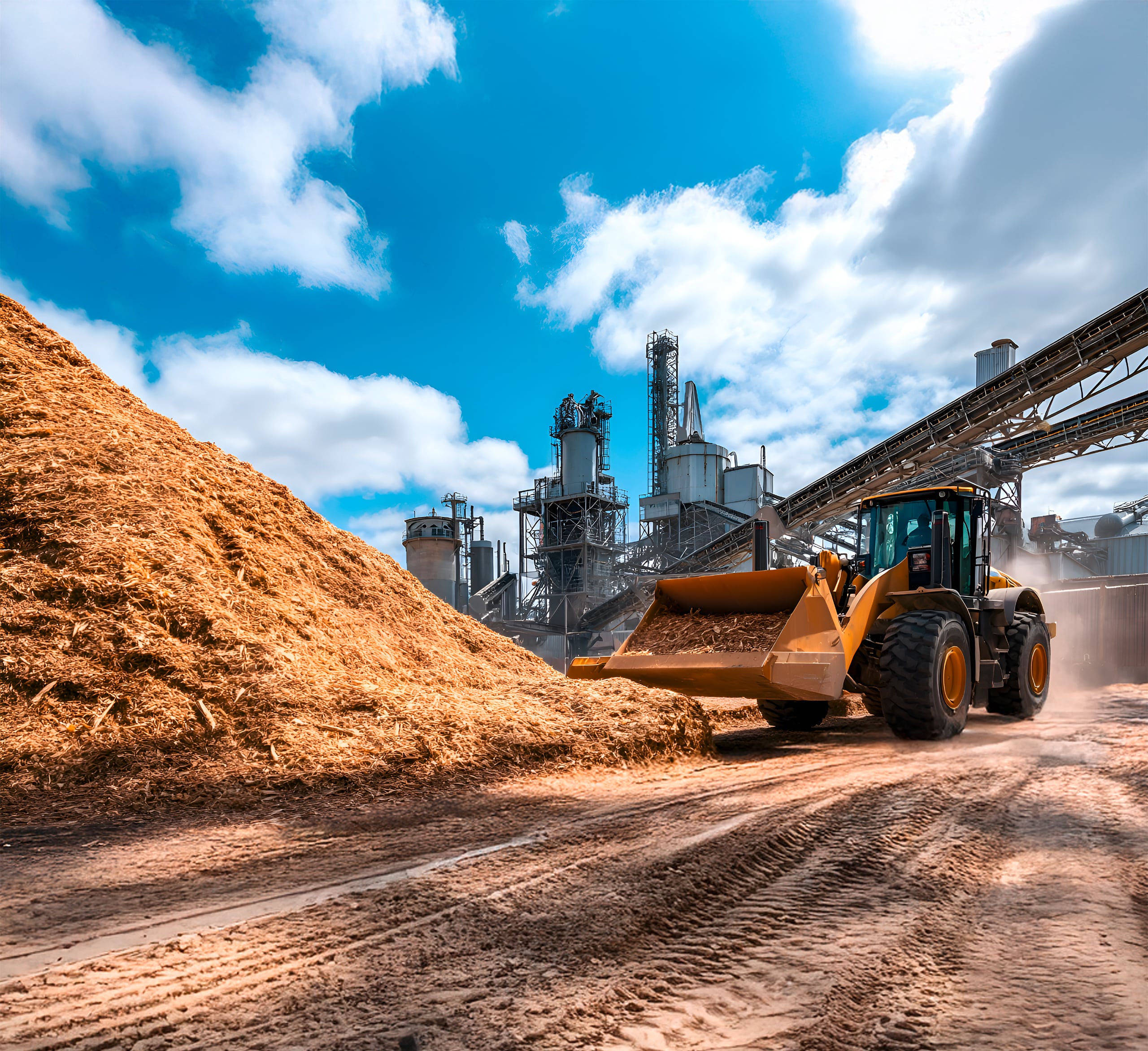 Radlader transportiert Holzspäne und Hackschnitzel in einem Biomassekraftwerk zur Versorgung des Fernwärmenetzwerks für Gemeinde und Stadt.