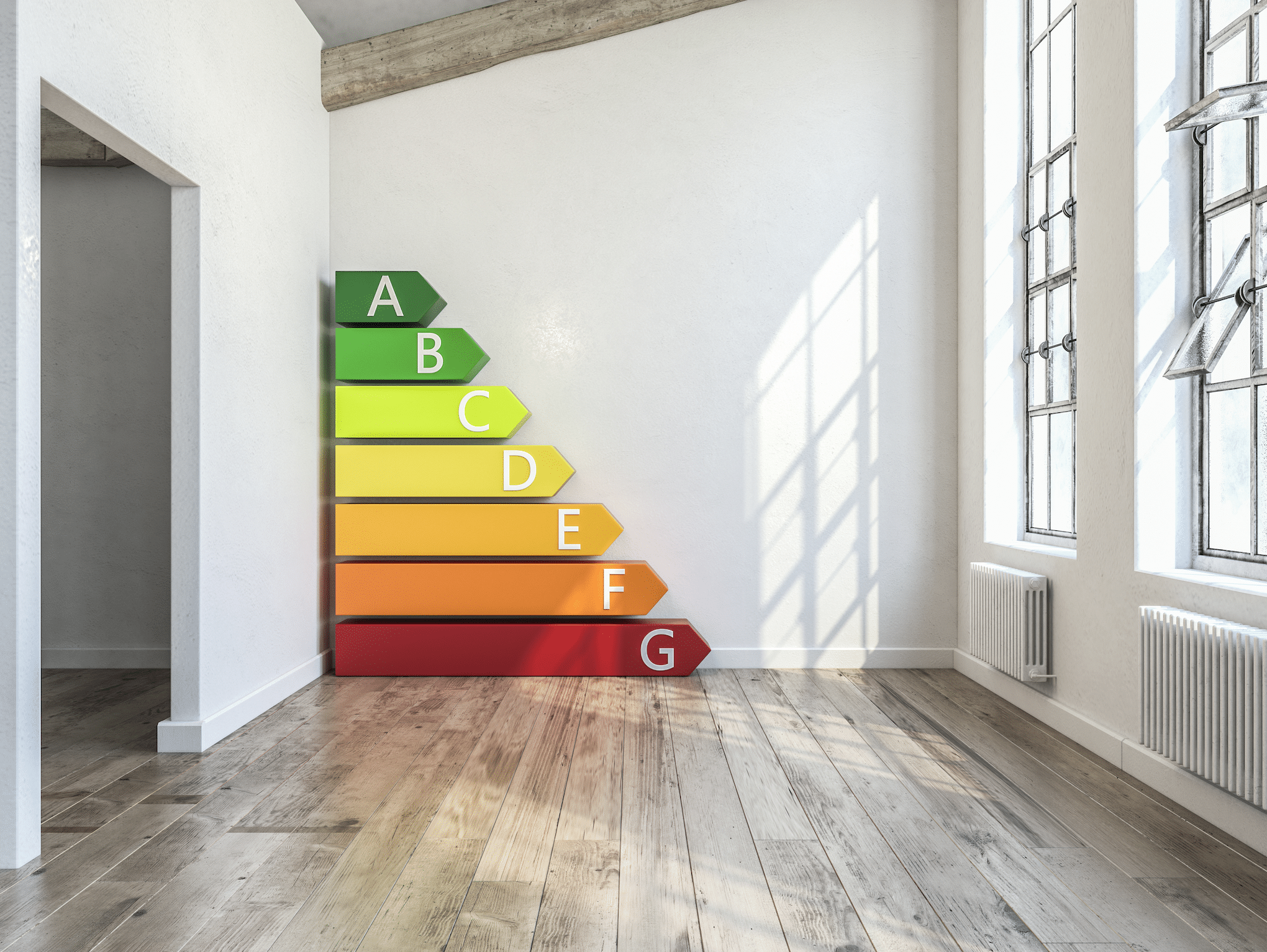 Grafische Darstellung des Energiewertes eines Raumes in einer Wohnung anhand der alphabetischen Kennzahl-Buchstaben von A bis G.