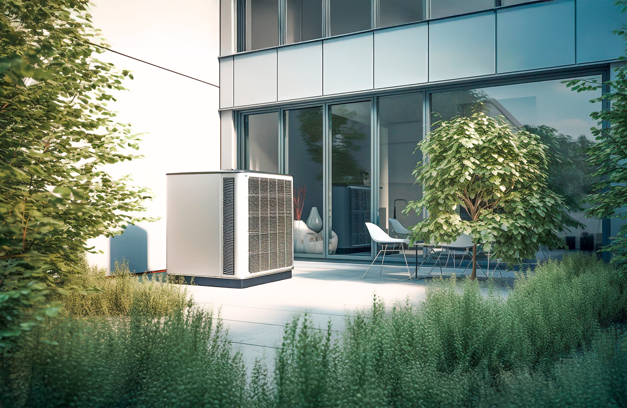 Innovatives Wärmepumpen-Außengerät auf der Terrasse eines modernen Wohngebäudes installiert.