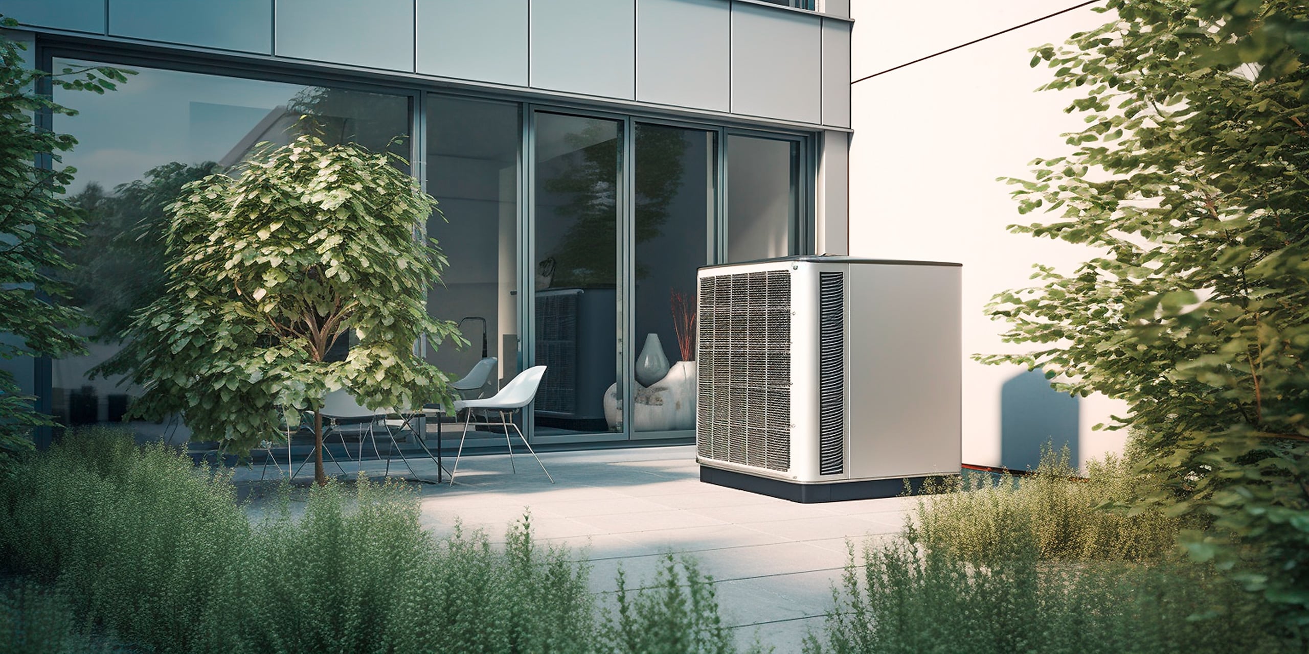 Innovatives Wärmepumpen-Außengerät auf der Terrasse eines modernen Wohngebäudes installiert.