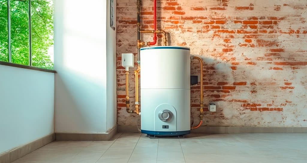 Heizraum eines Hauses mit Heiztherme für Warmwasseraufbereitung.