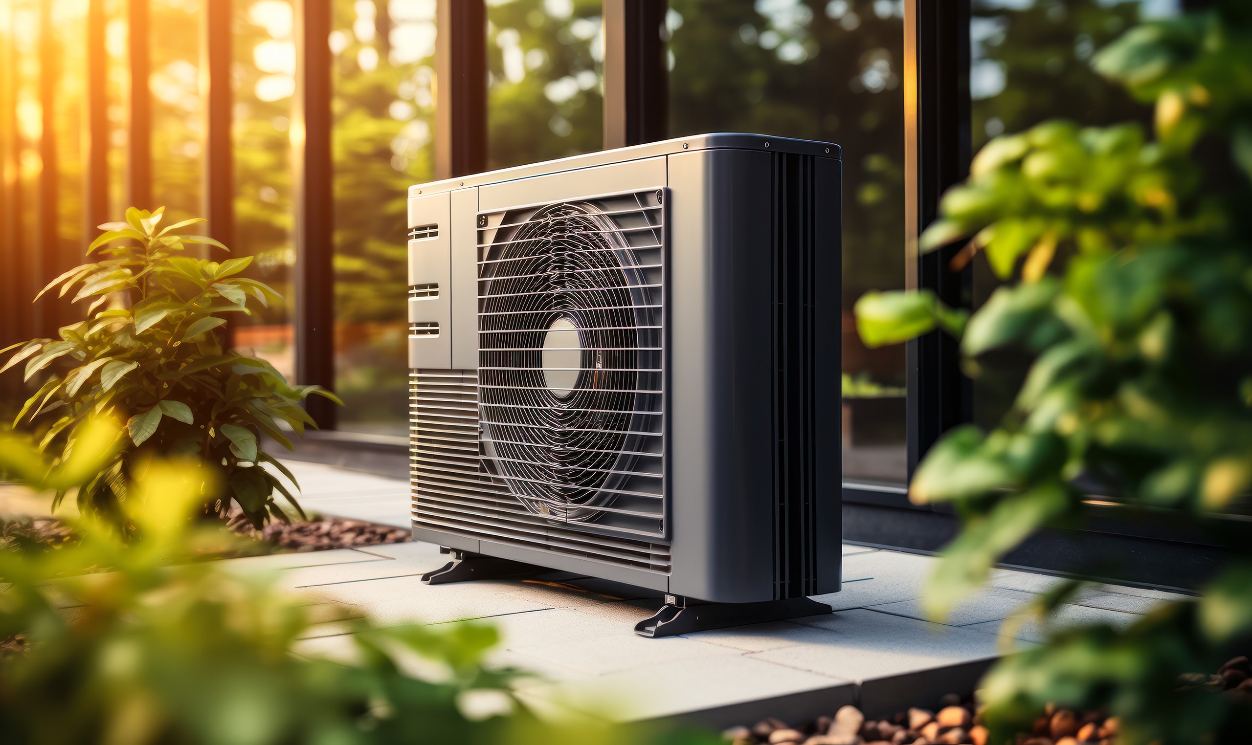 Moderne Wärmepumpe in Anthrazit außerhalb des modernen Hauses mit sonnigem Garten.