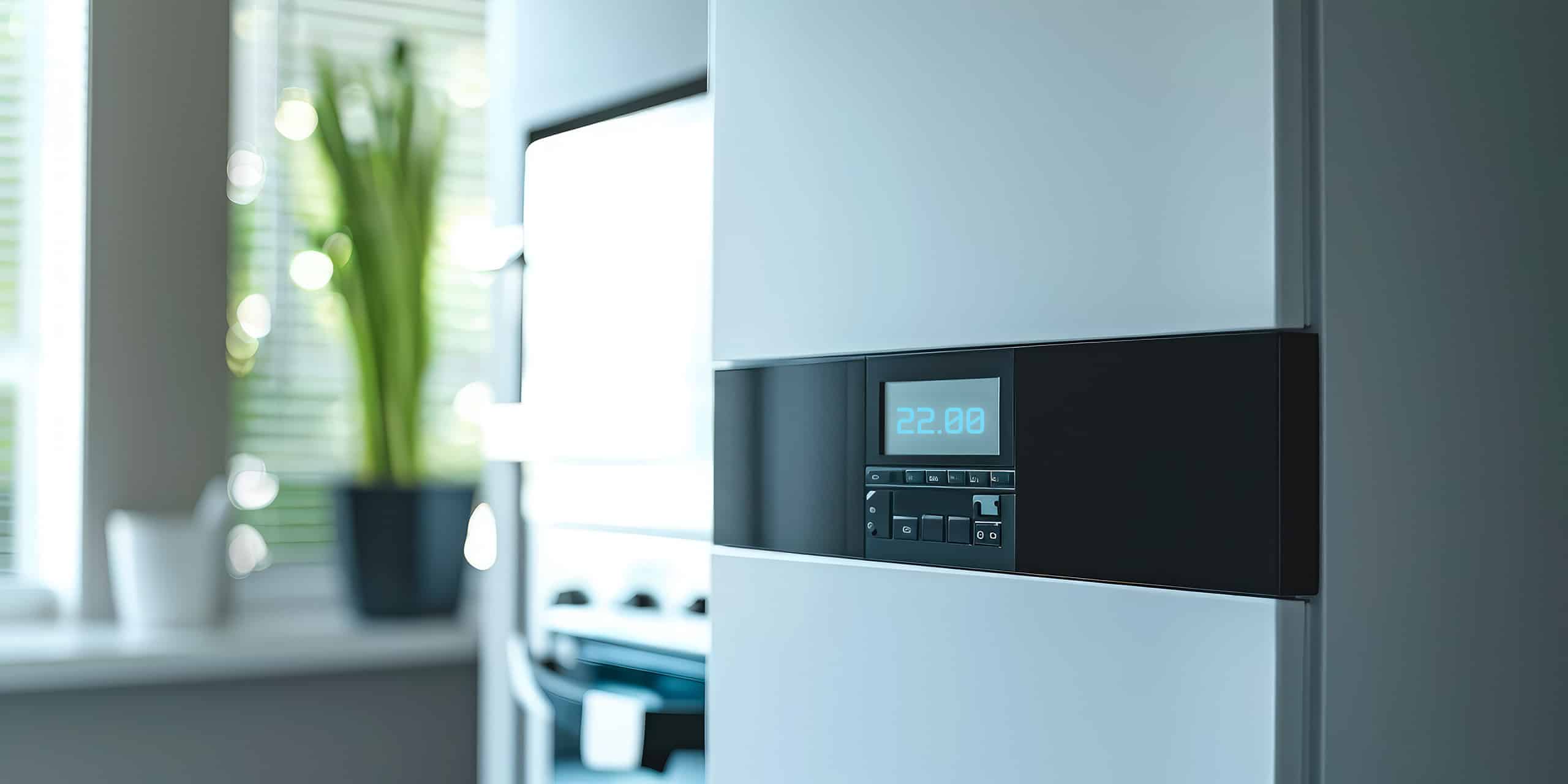 Nahaufnahme eines modernen Gasheizkessels inkl. Bedienfeld und digitaler Temperaturanzeige, installiert in einem klaren und minimalistischen Interieur.