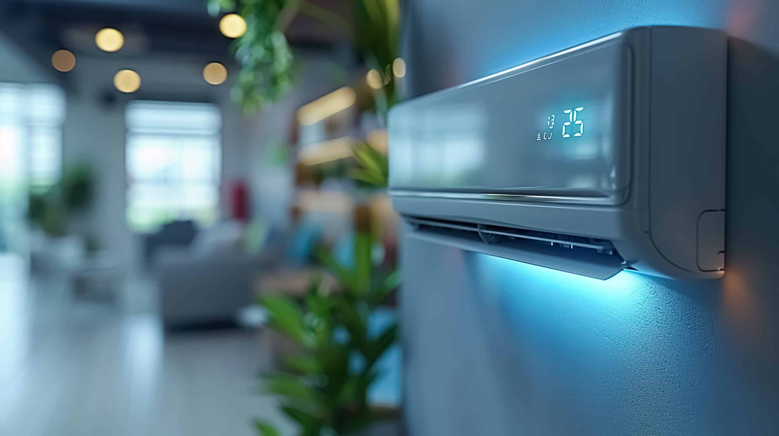 Aktives Splitgerät einer Klimaanlage im Innenbereich an der Wand installiert.