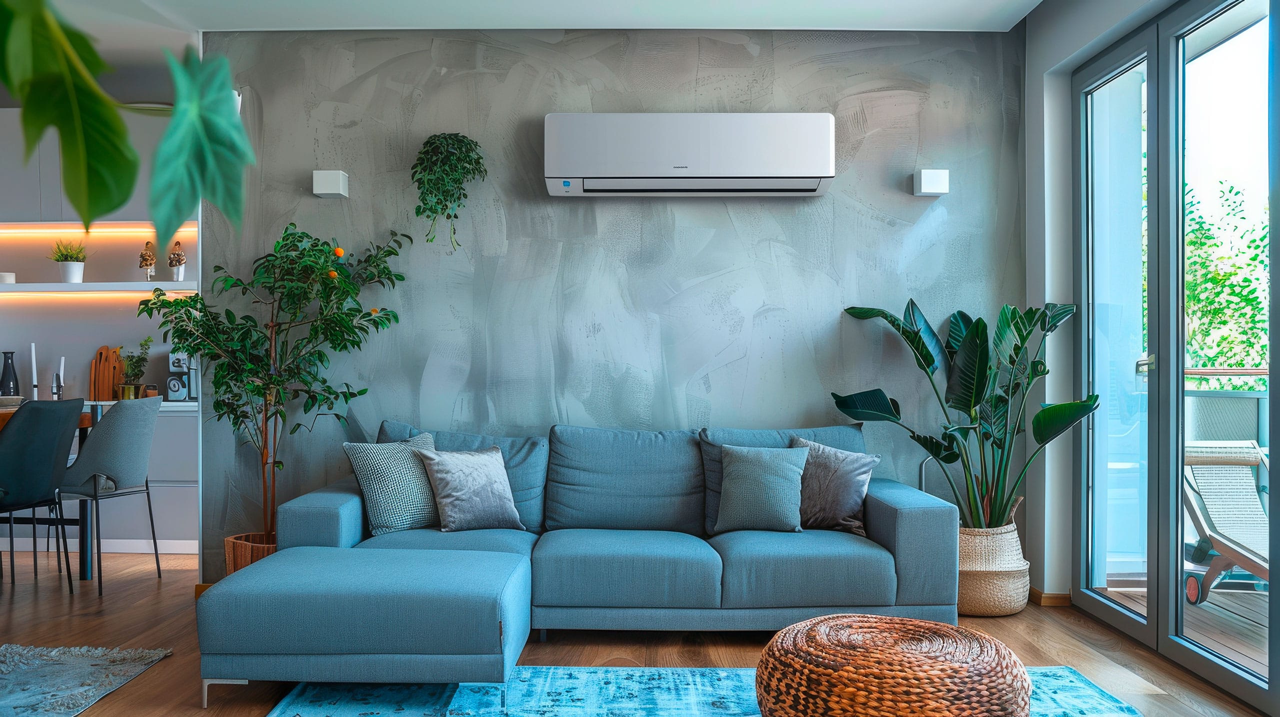 Modernes Wohnzimmer mit Splitgerät einer Klimaanlage an der Wand installiert.