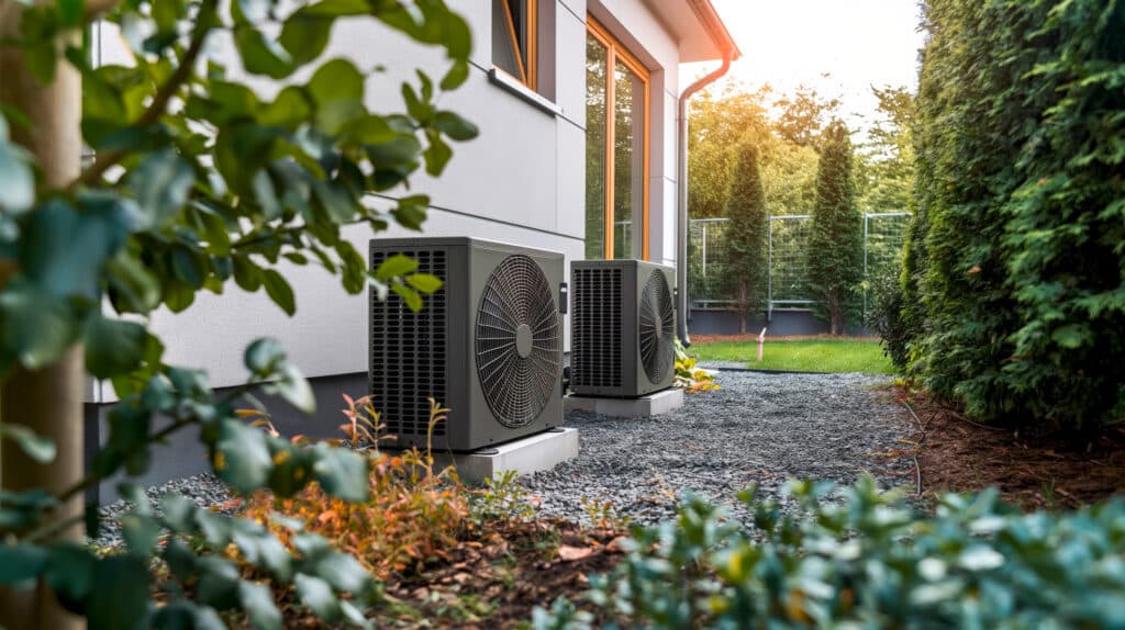 Wärmepumpen-Außengeräte in Anthrazit für effiziente Wohnenergie via grüner Energie dezent neben dem Haus im Garten platziert.