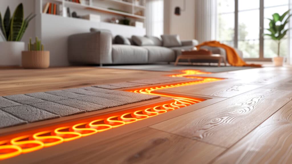 Simulation eines Fußbodenheizungssystem im modernen Wohnzimmer mit offenen Holzdielen und sichtbare verlegten Heizschläuchen.