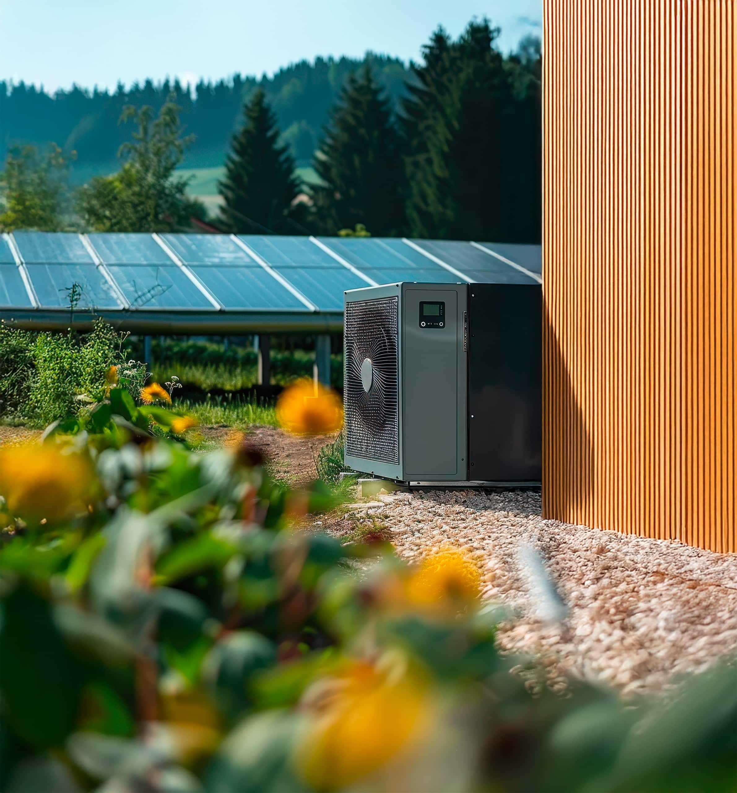 Wärmepumpe und Solarpaneele im Außenbereich eines modernen Wohngebäudes mit Holzfassade an einem sonnigen Tag.