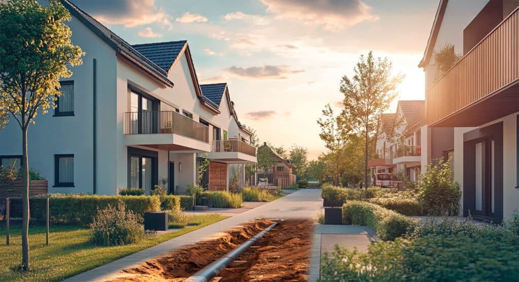 Moderne Wohnsiedlung mit attraktiver Grünanlage, in welcher gerade eine Fernwärmeleitung verlegt bzw. an das Fernwärmenetz angeschlossen wird, bei Abenddämmerung.