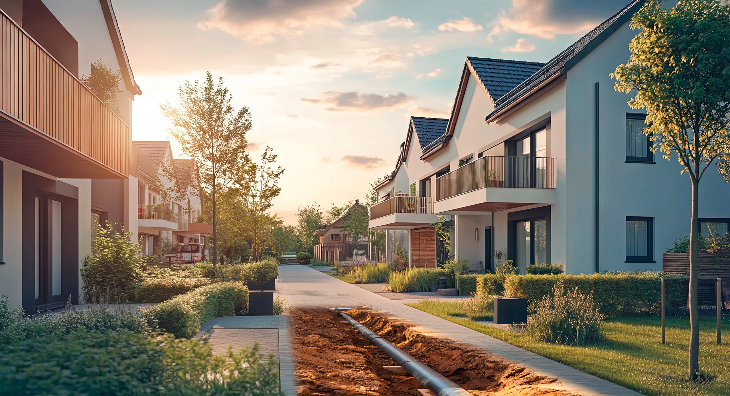 Moderne Wohnsiedlung mit attraktiver Grünanlage, in welcher gerade eine Fernwärmeleitung verlegt bzw. an das Fernwärmenetz angeschlossen wird, bei Abenddämmerung.