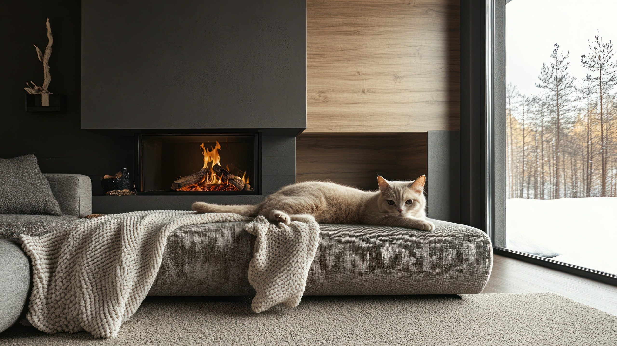 Eine Katze, die auf einer grauen Couch liegt, die vor einem modernen Kamin und einem bodentiefen Fenster steht.