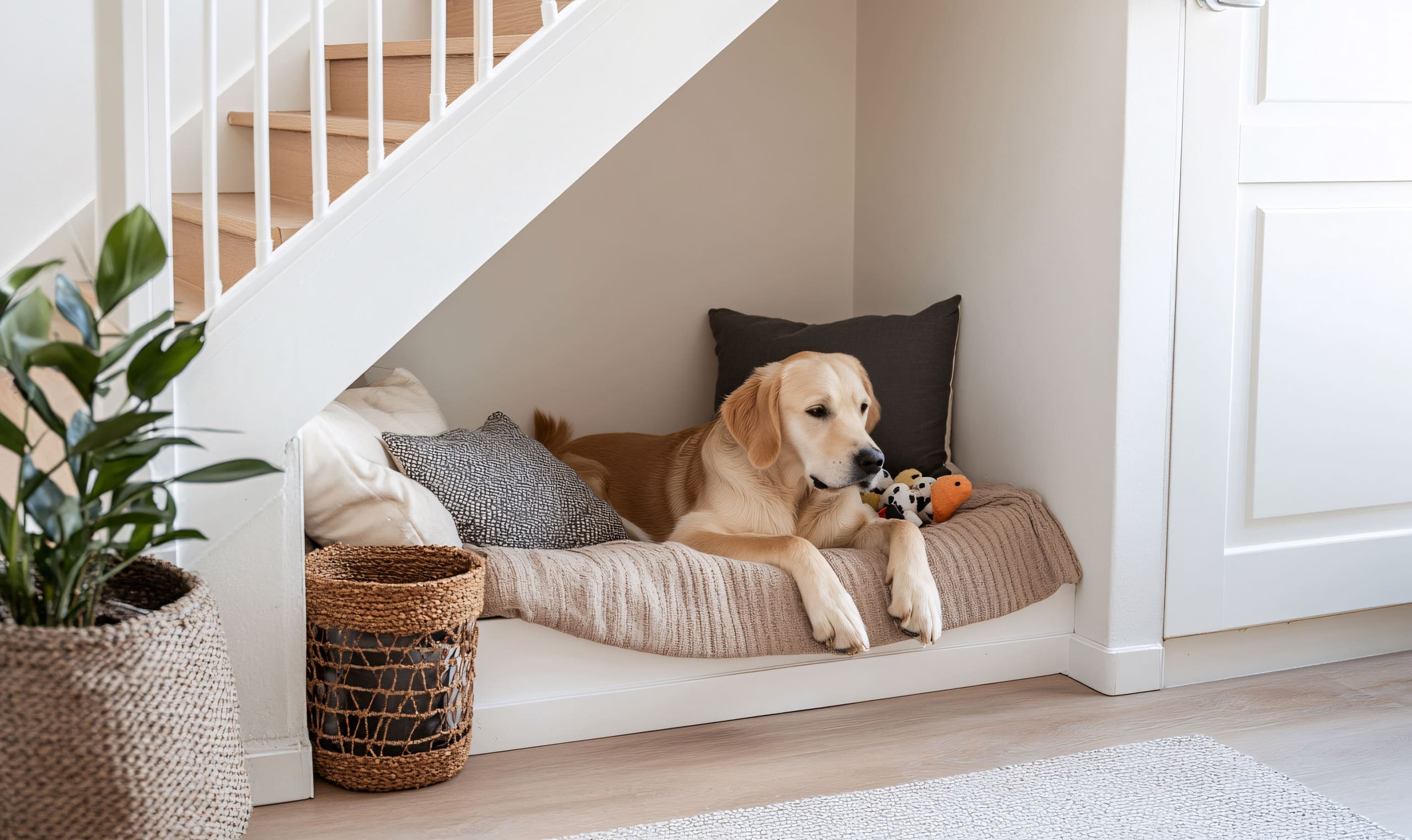 Ein Hundebett, das platzsparend unter der Holztreppe eingerichtet wurde.