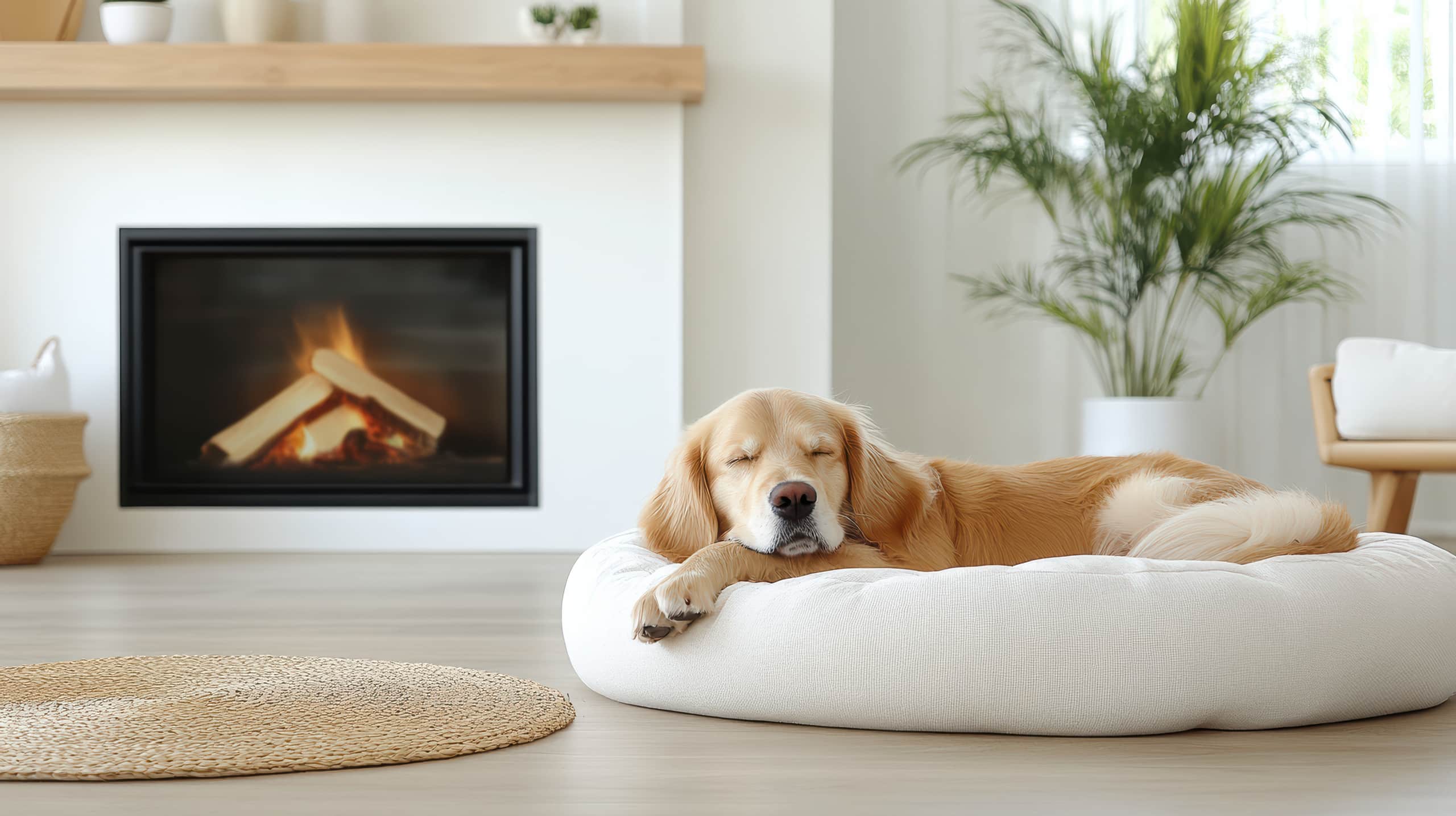 Ein Hund der in einem ovalen hellbeigem Hundebett auf einem Holzboden vor einem Kamin mit Schutzglas liegt.