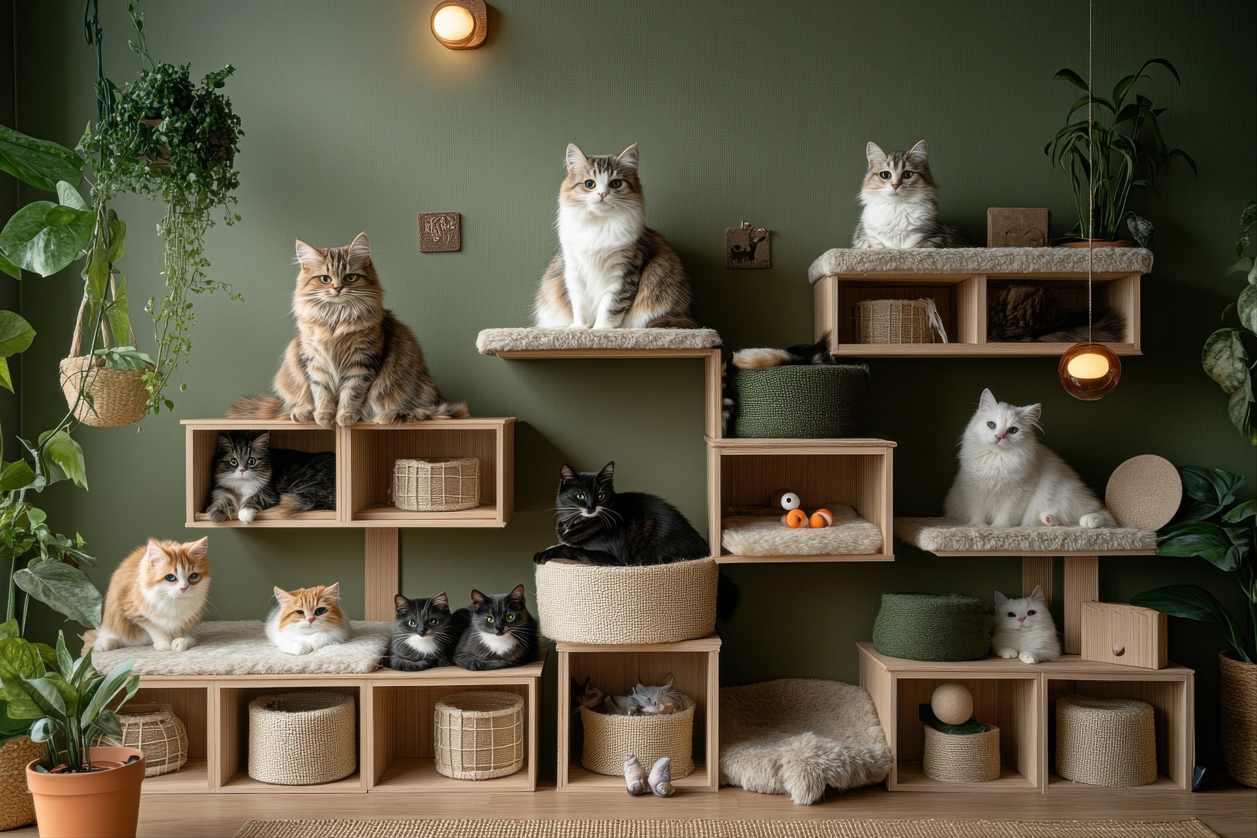 Eine grün tapezierte Wand mit einem Wandverbau mit vielen Abstellflächen, die speziell für Katzen ausgestattet sind. Teilweise mit Fellbezug und Aufbewahrungsboxen für Spielzeug.