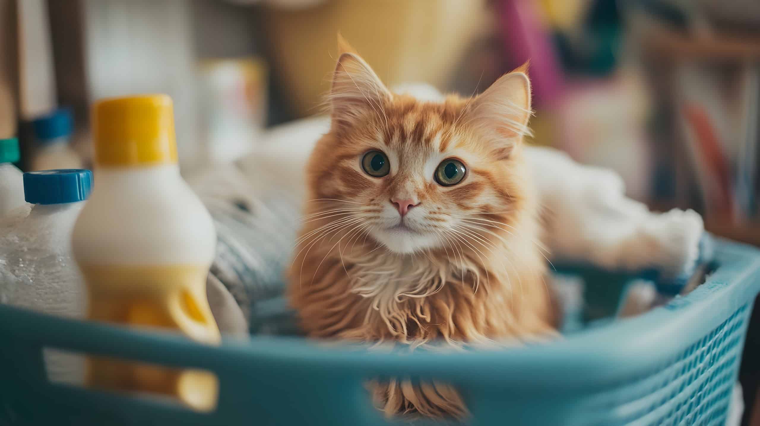 Eine Katze sitzt in einem Wäschekorb mit Putzmitteln.