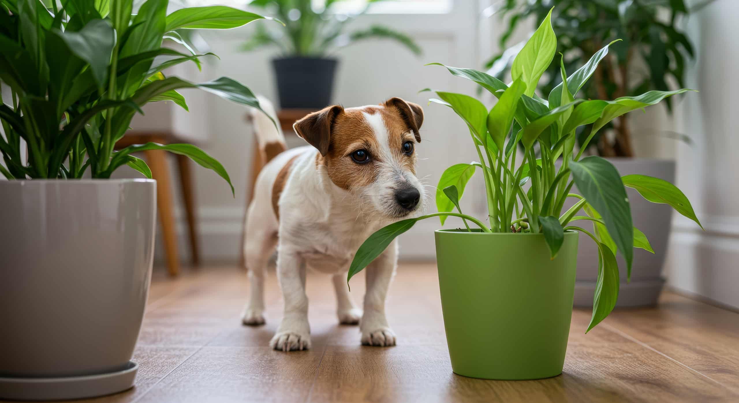 Ein Jack Russell Terrier steht auf einem Holzboden in einem Raum mit vielen Zimmerpflanzen.