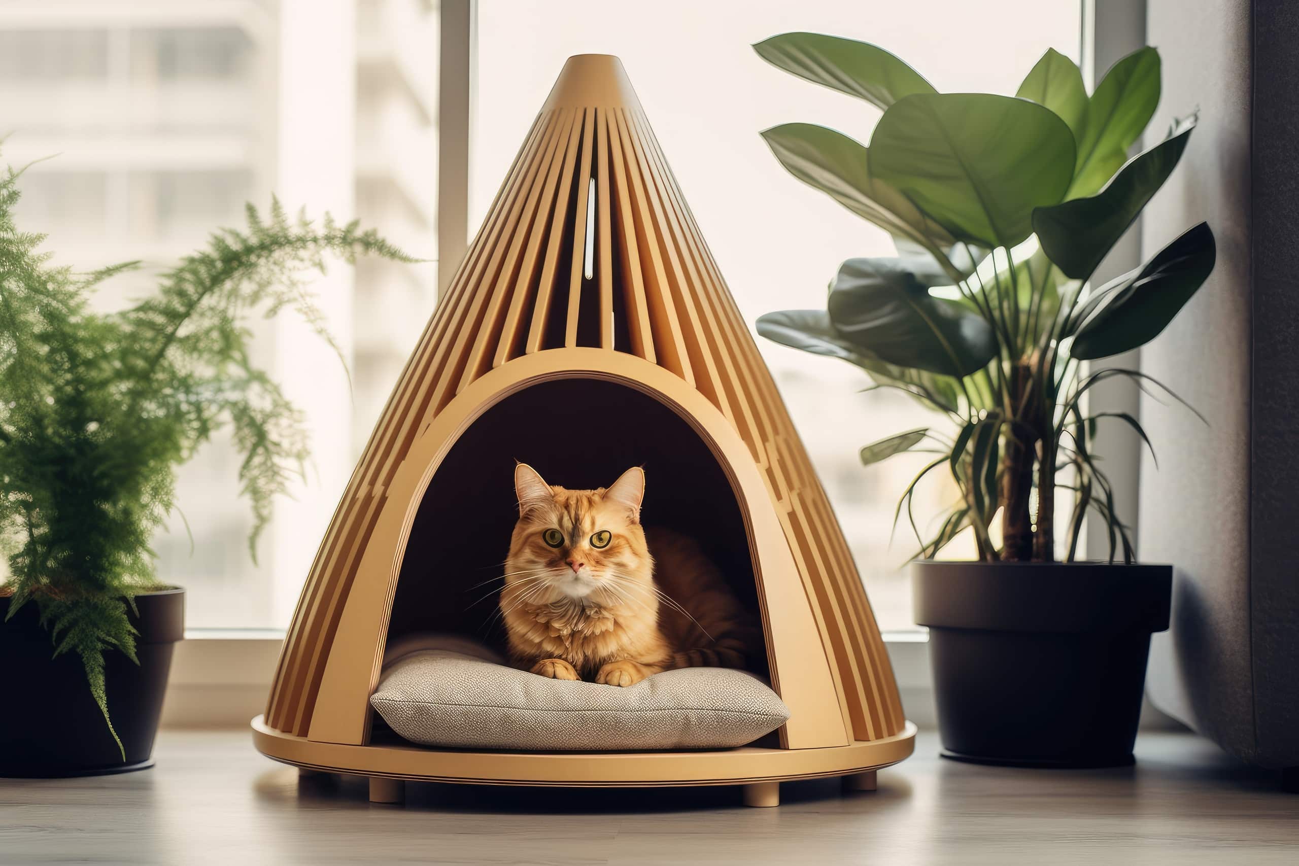 Eine Katze, die in einem stylischen Katzenhaus in Pyramidenform auf einem grauen Polster liegt und aus der Öffnung herausschaut.